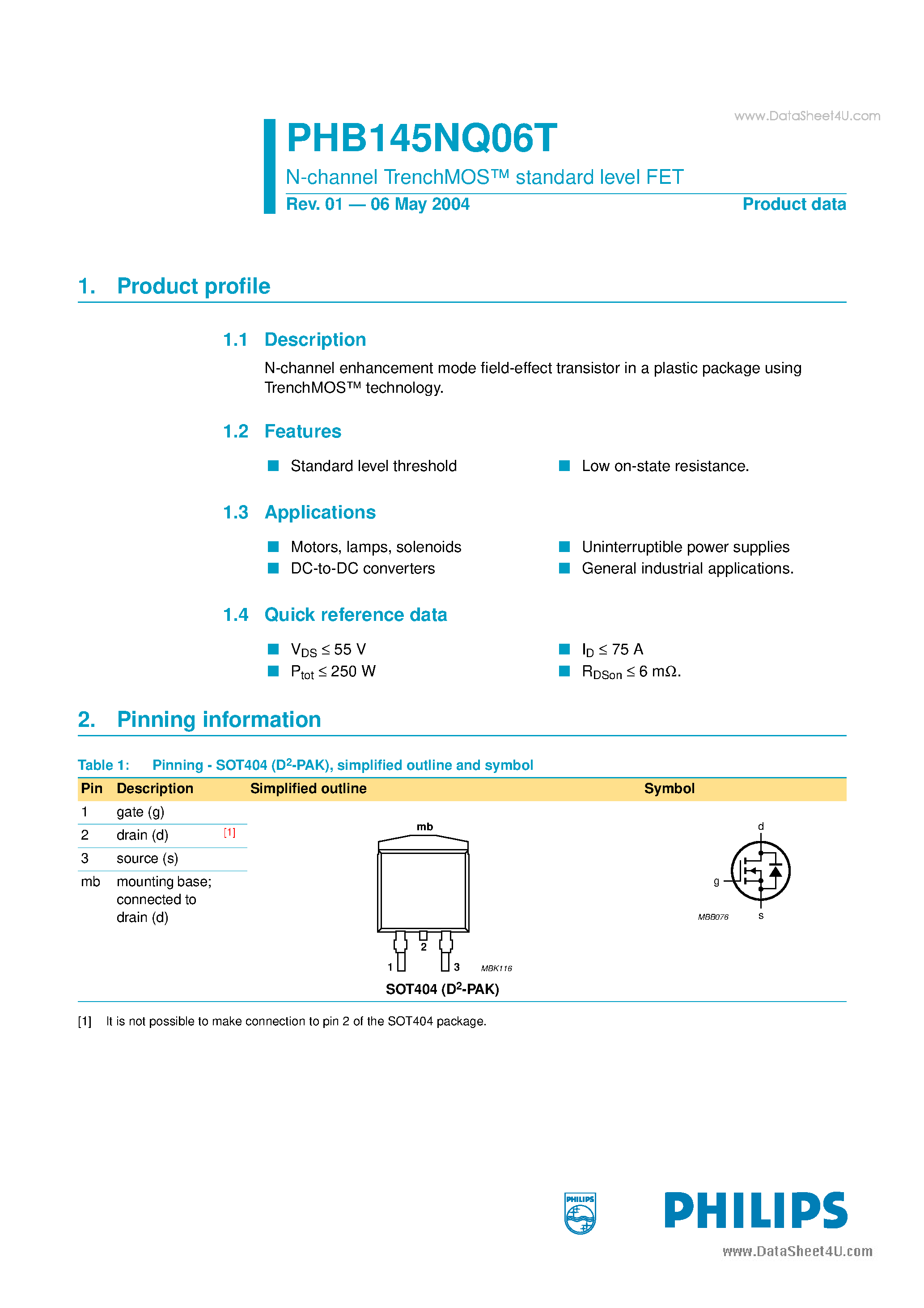 Datasheet PHB145NQ06T - N-channel TrenchMOS standard level FET page 1