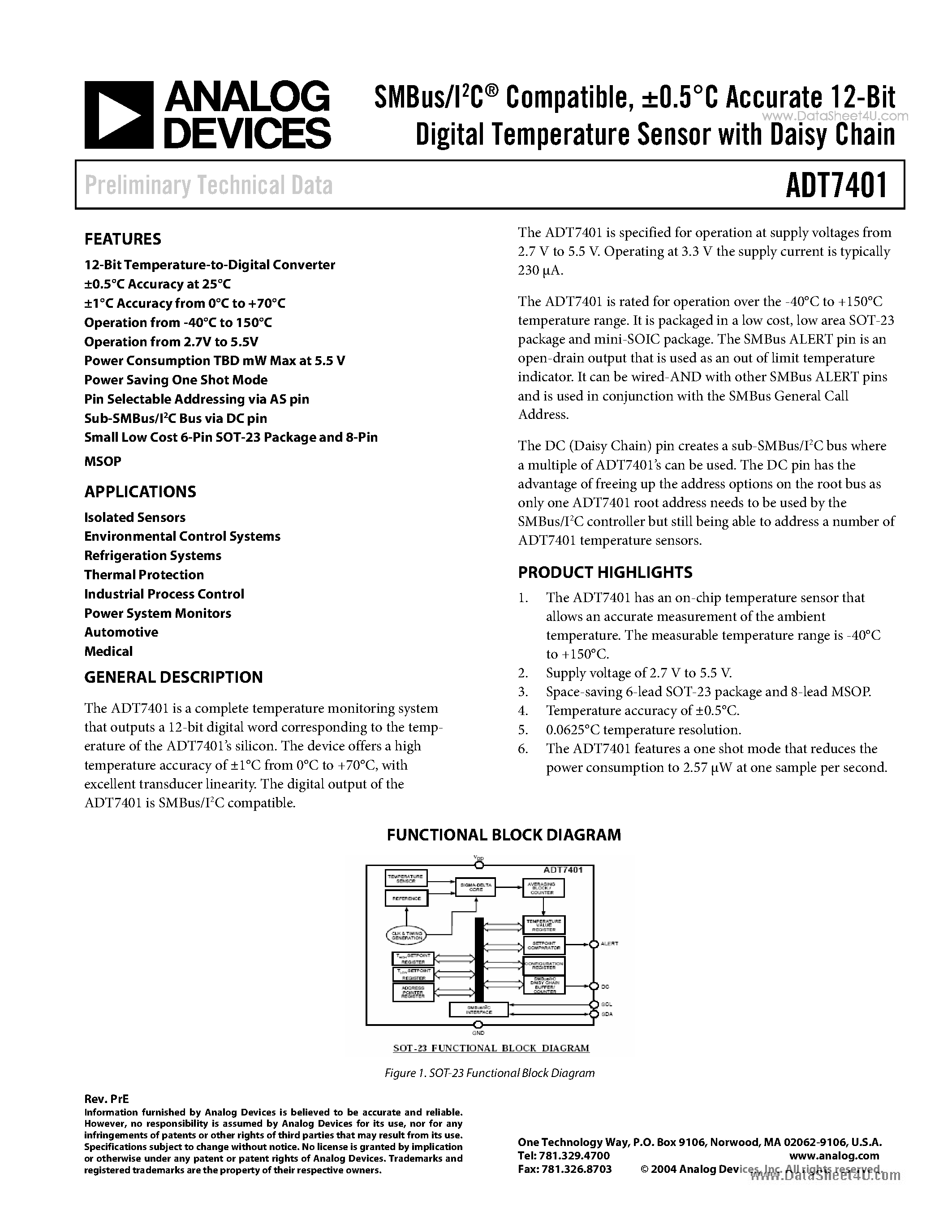 Datasheet ADT7401 - +-0.5C Accurate 12-Bit Digital Temperature Sensor page 1