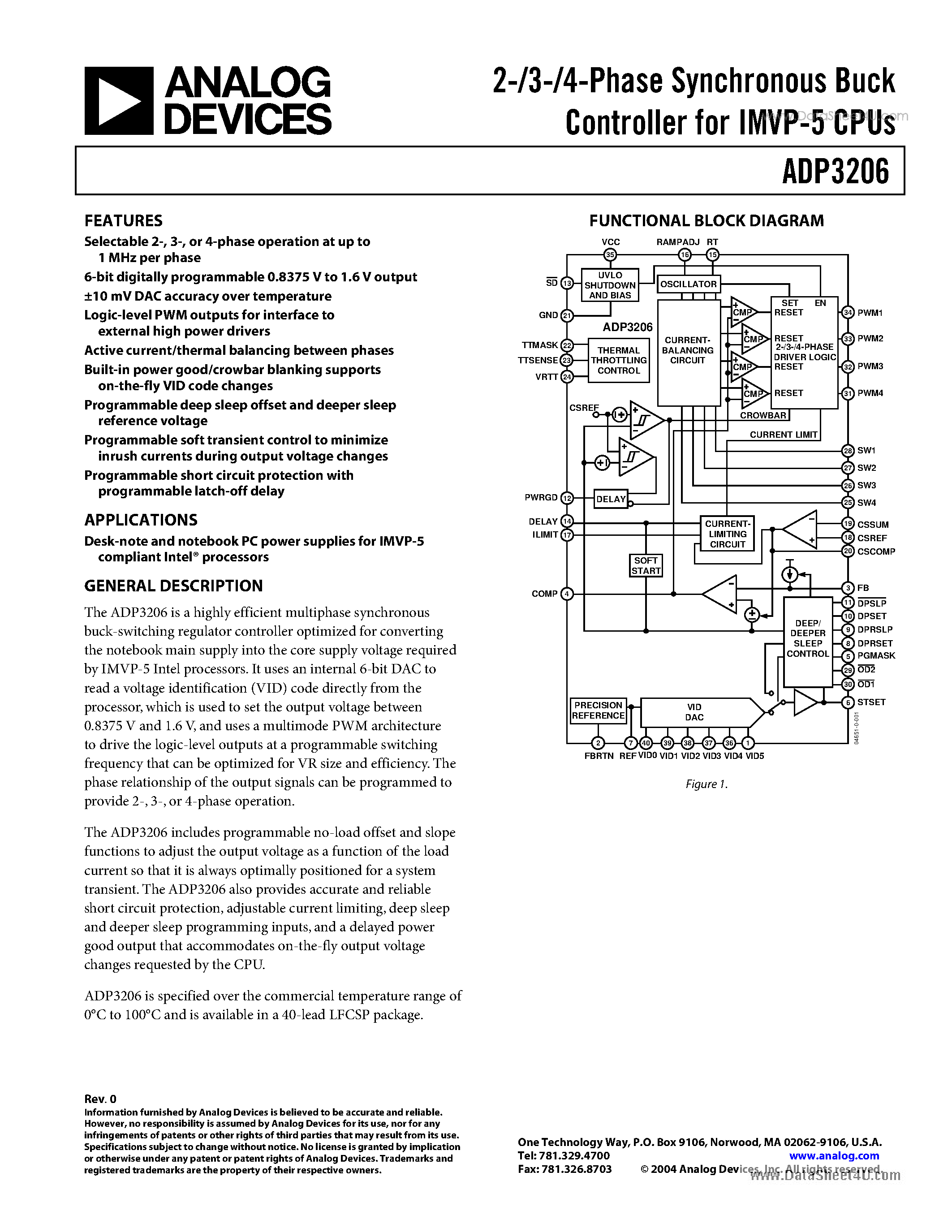 Datasheet ADP3206 - 2-/3-/4-Phase Synchronous Buck Controller page 1