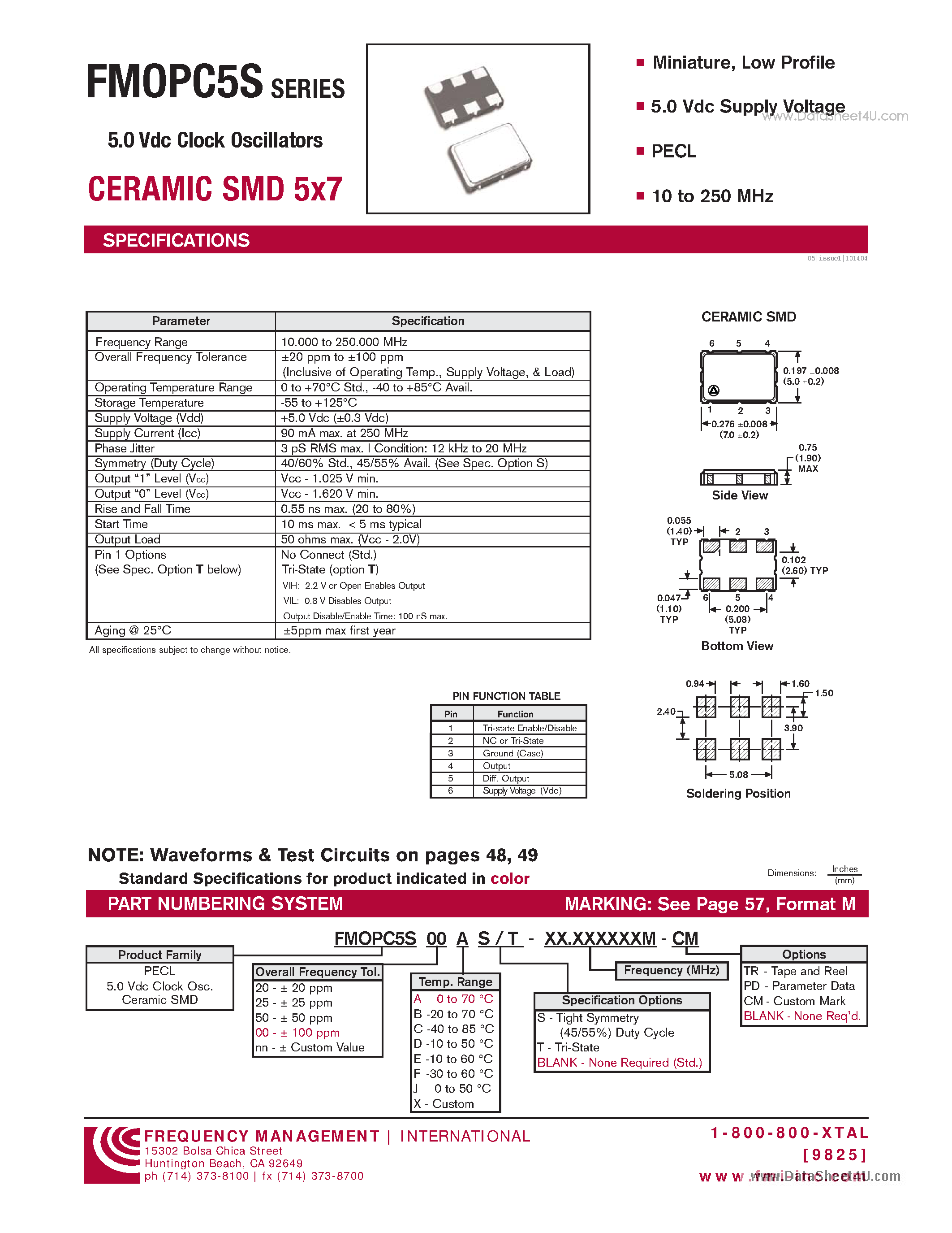 Datasheet FMOPC5S page 1 Datasheet FMOPC5S - 5.0 Vdc Clock Oscillators page 1