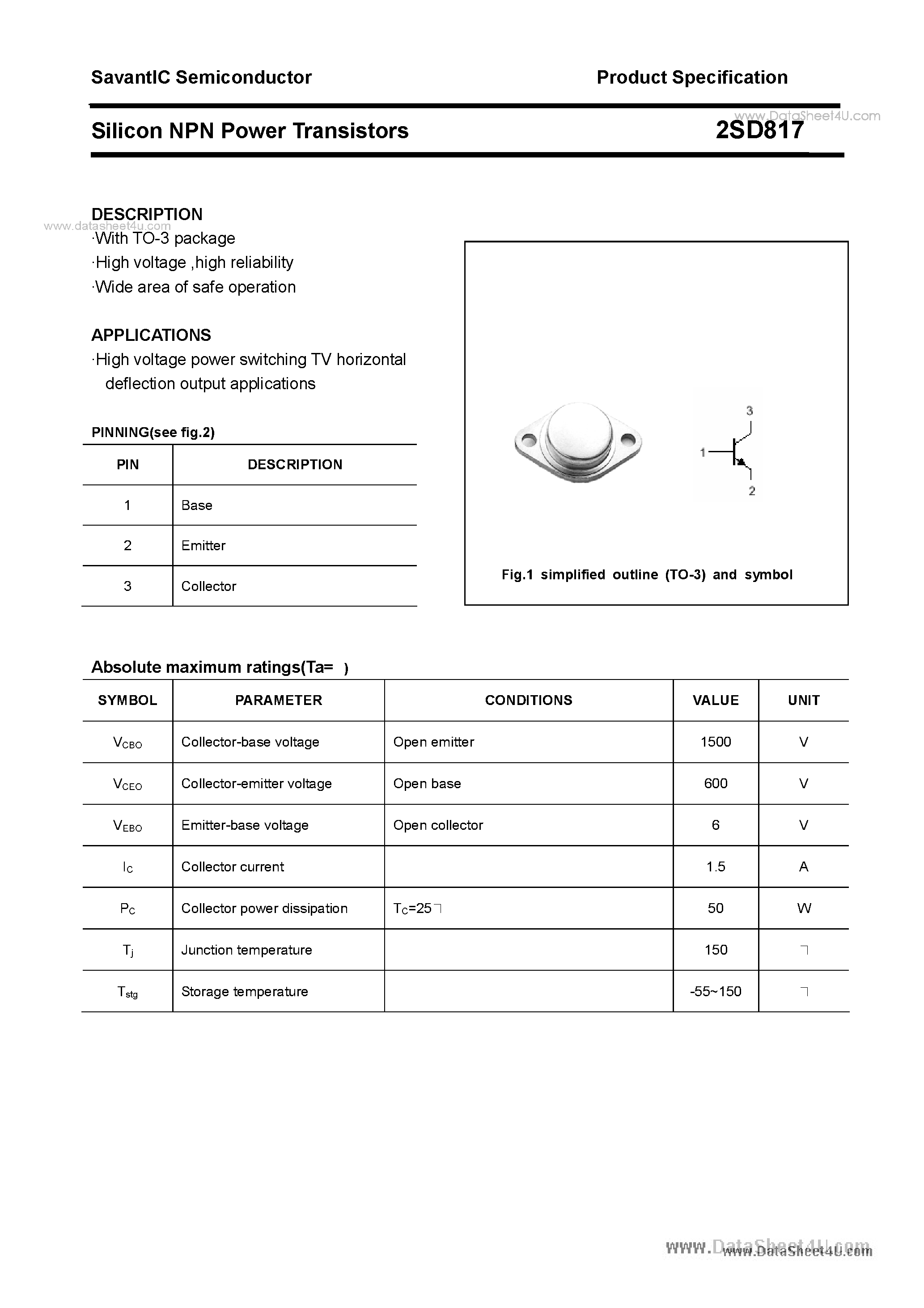 Datasheet D817 - Search -----> 2SD817 page 1