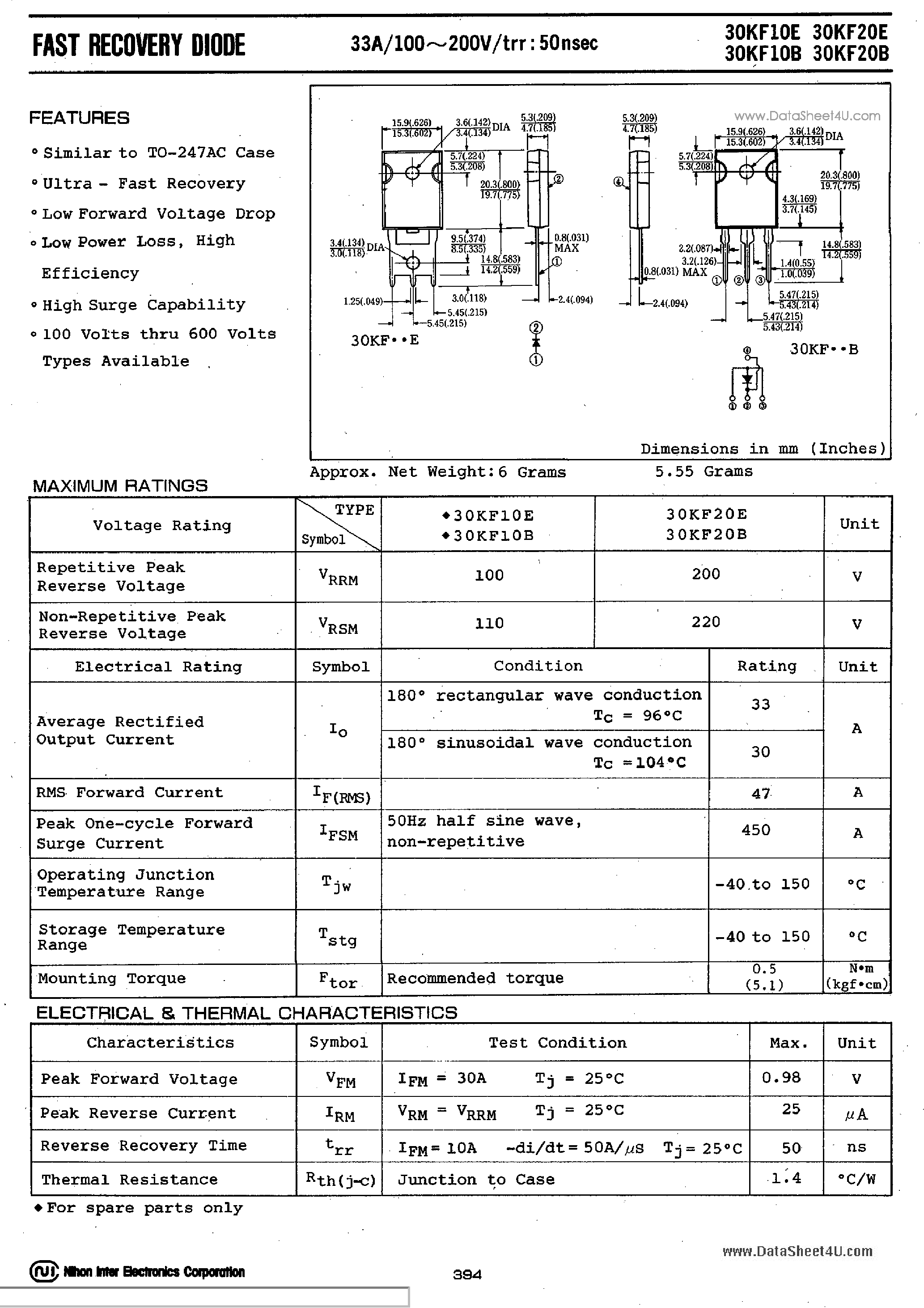 Datasheet 30KF10B page 1 Datasheet 30KF10B - (30KFxxx) FAST RECOVERY DIODE page 1