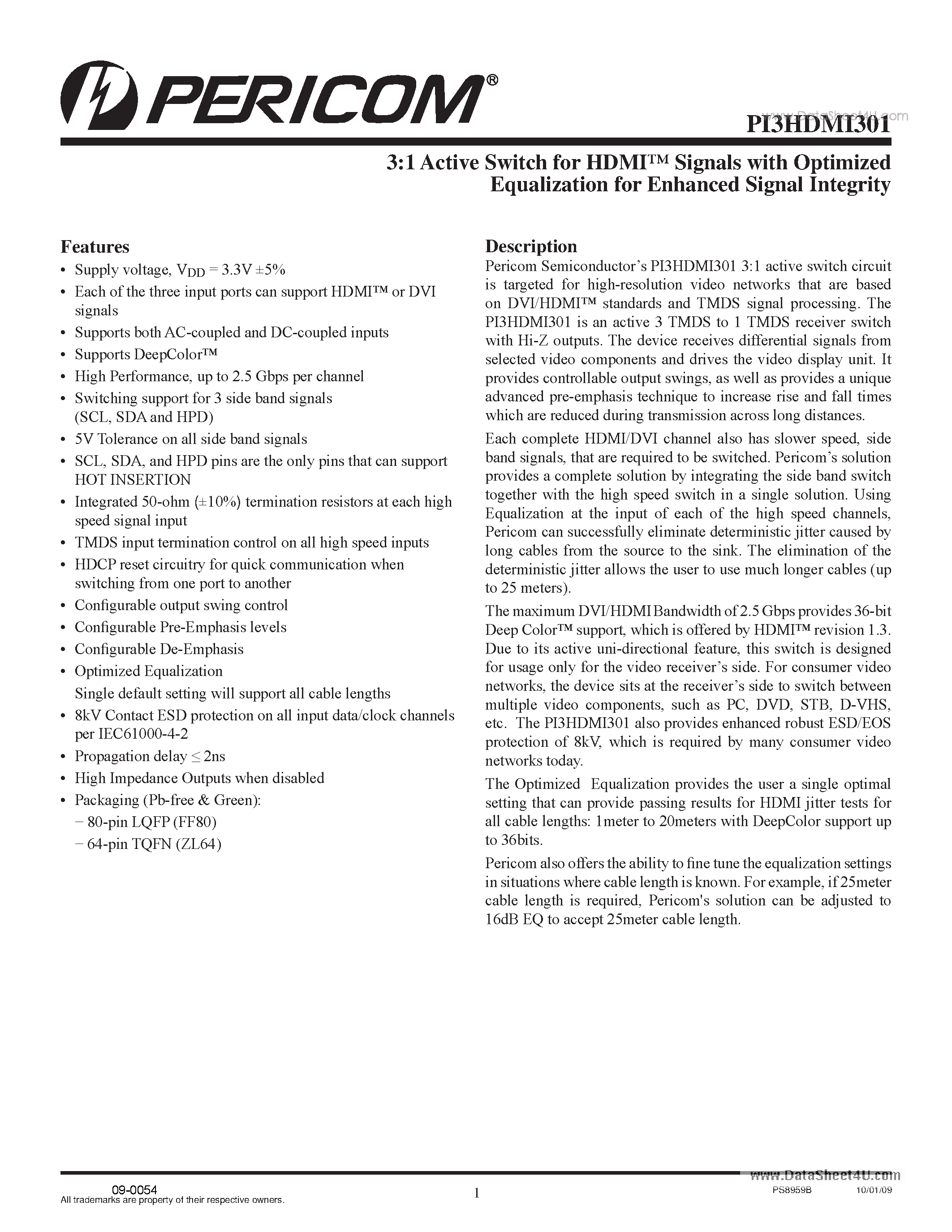 Даташит PI3HDMI301 - 3:1 Active Switch страница 1