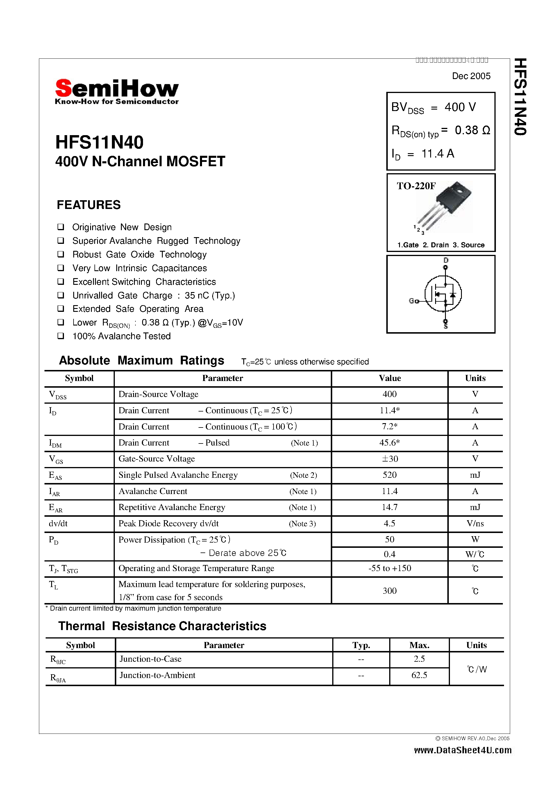 Datasheet HFS11N40 page 1 Datasheet HFS11N40 - 400V N-Channel MOSFET page 1