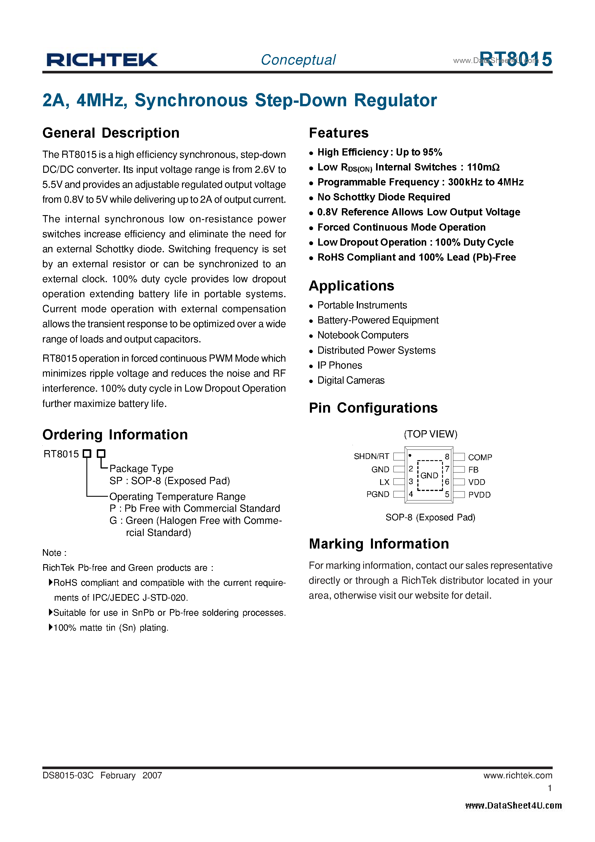 Datasheet RT8015 - Synchronous Step-Down Regulator page 1