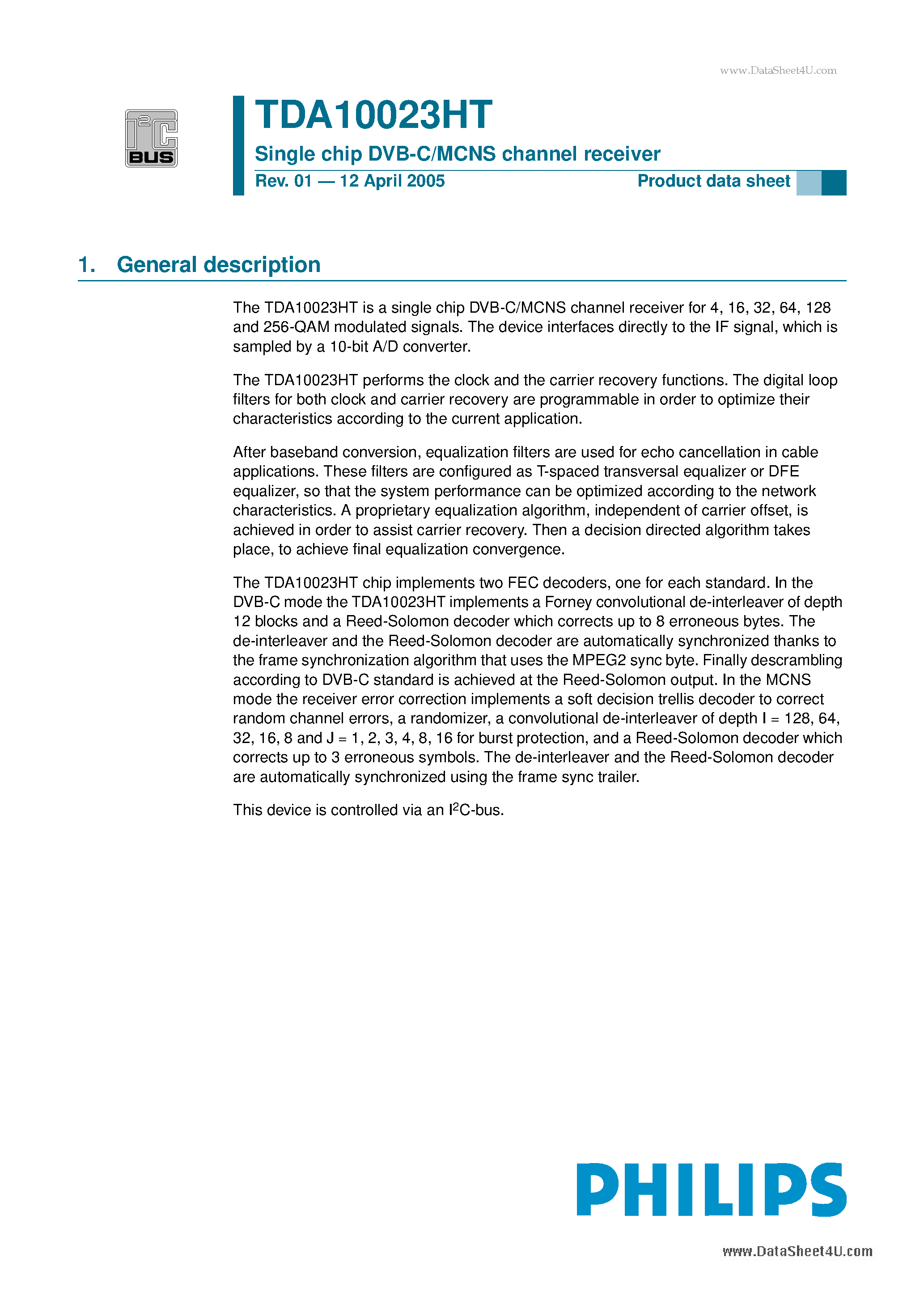 Datasheet TDA10023HT - Single chip DVB-C/MCNS channel receiver page 1