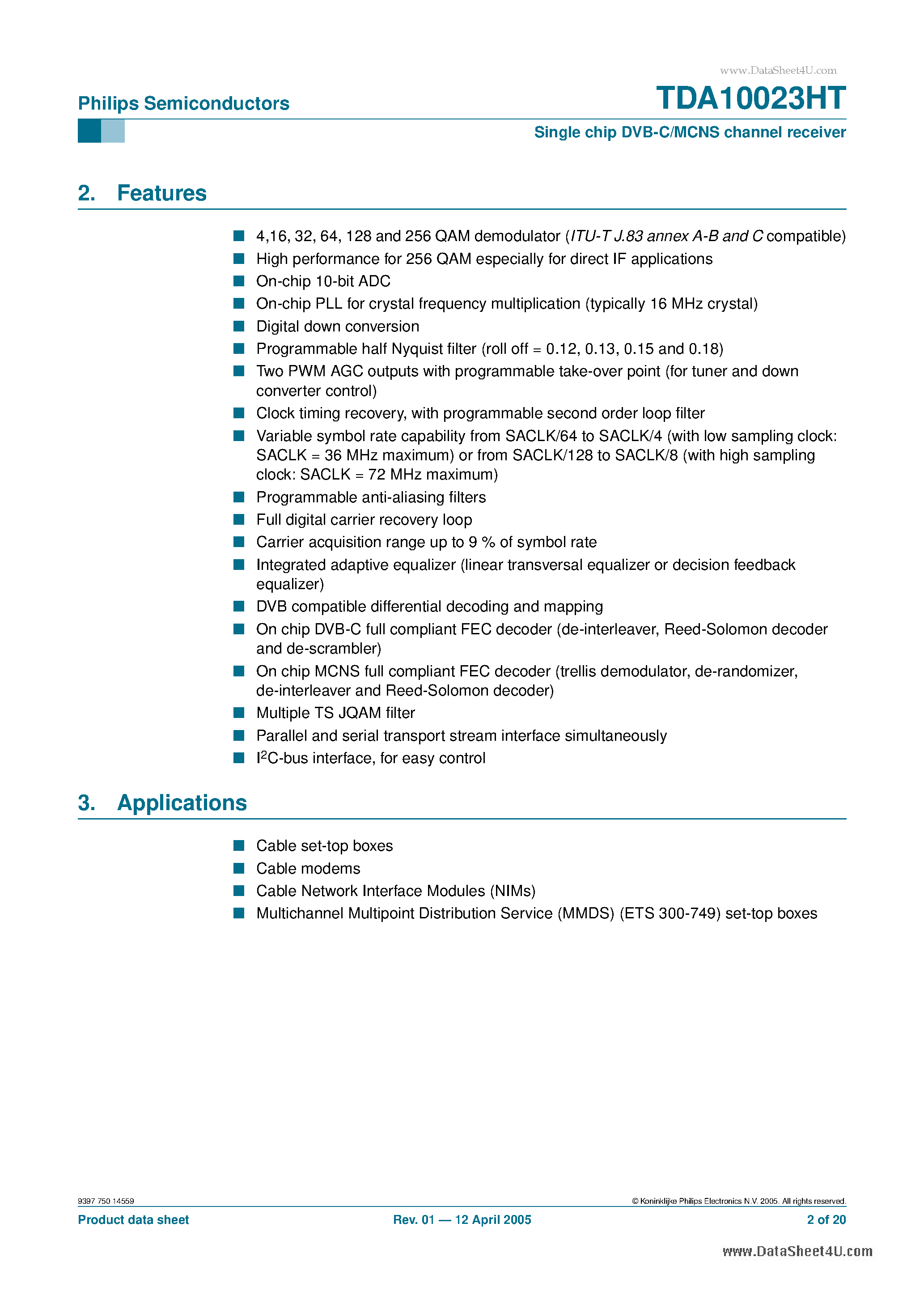 Datasheet TDA10023HT - Single chip DVB-C/MCNS channel receiver page 2