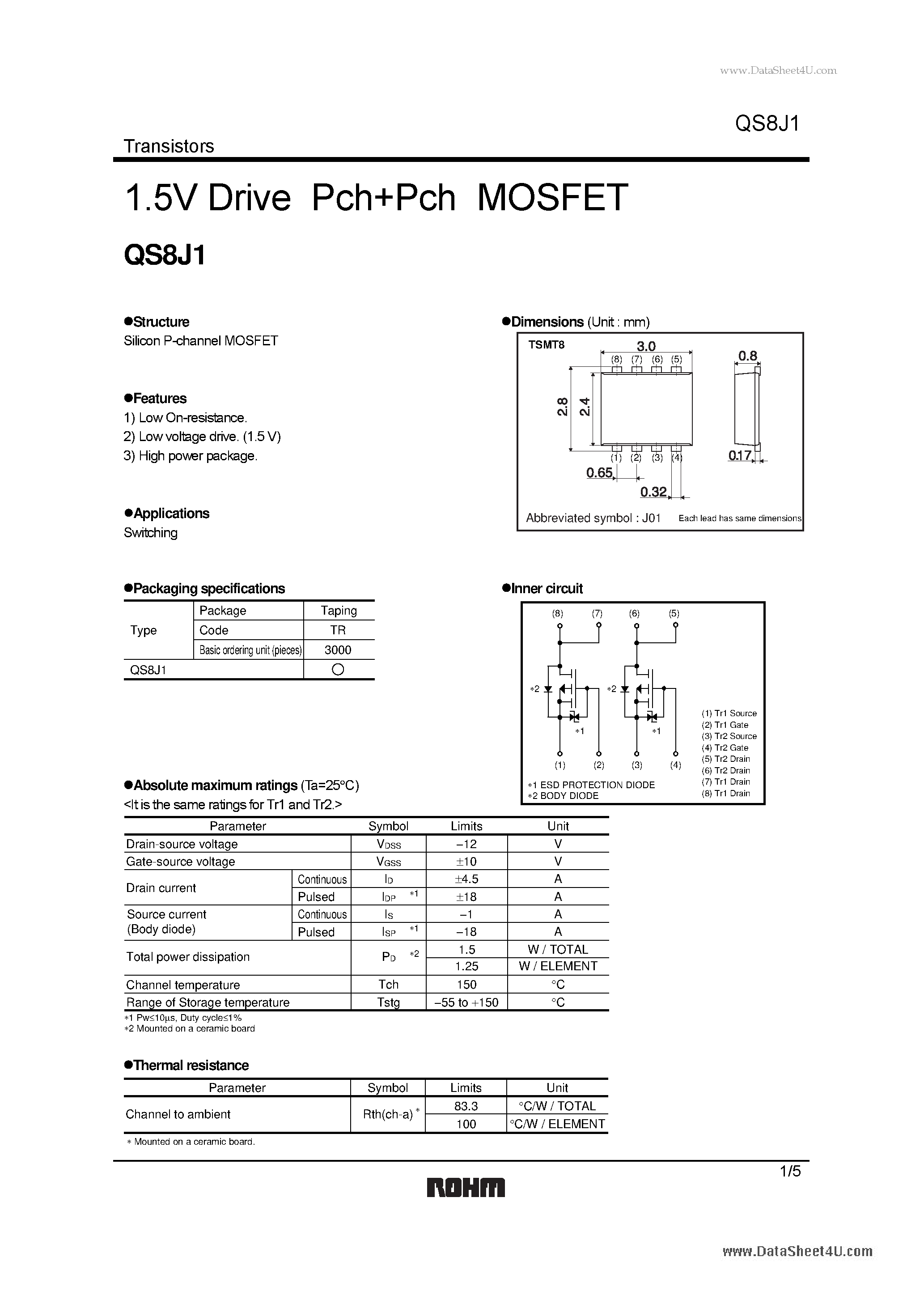 Datasheet QS8J1 - 1.5V Drive PchPch MOSFET page 1