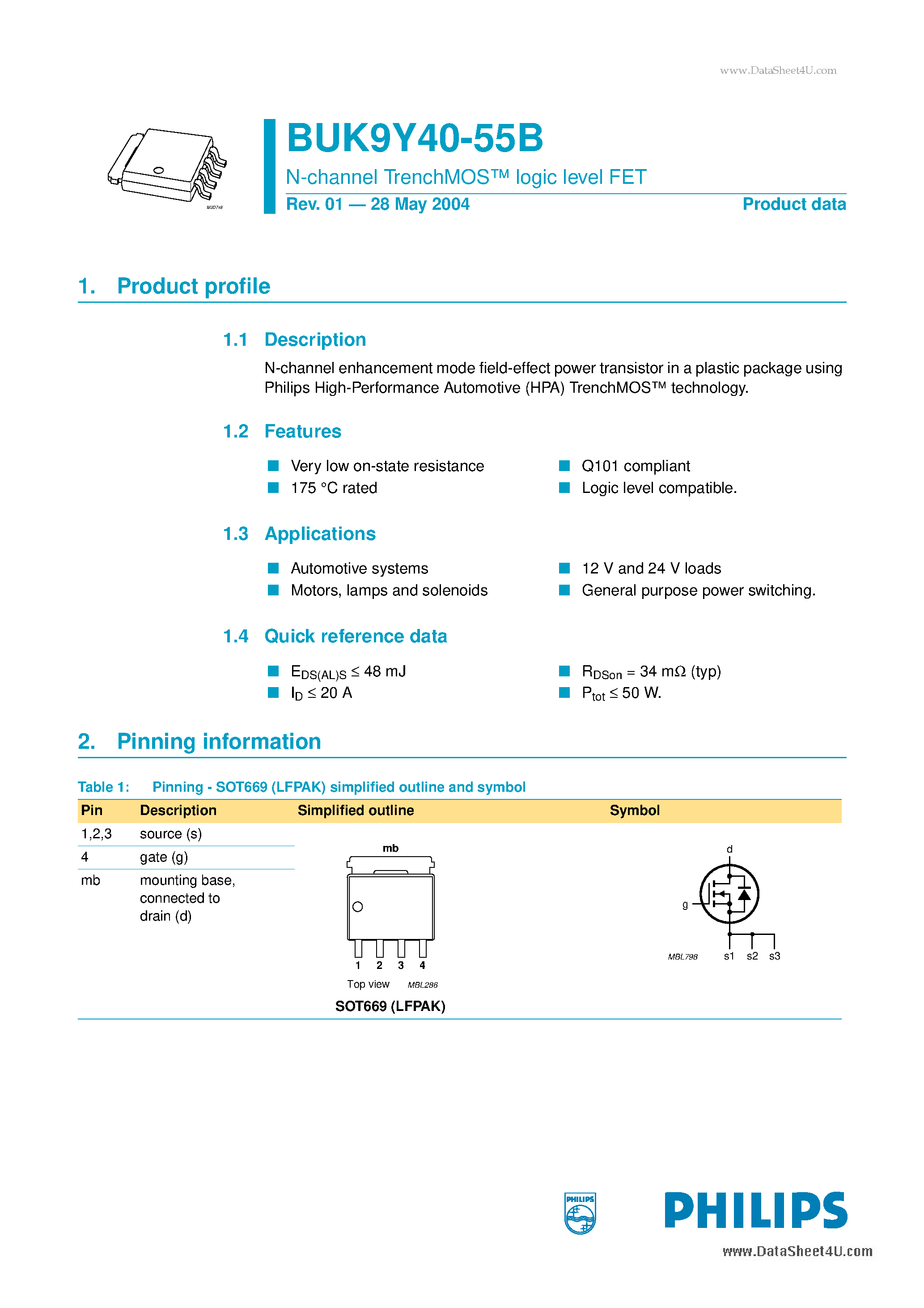 Datasheet BUK9Y40-55B - N-channel TrenchMOS logic level FET page 1