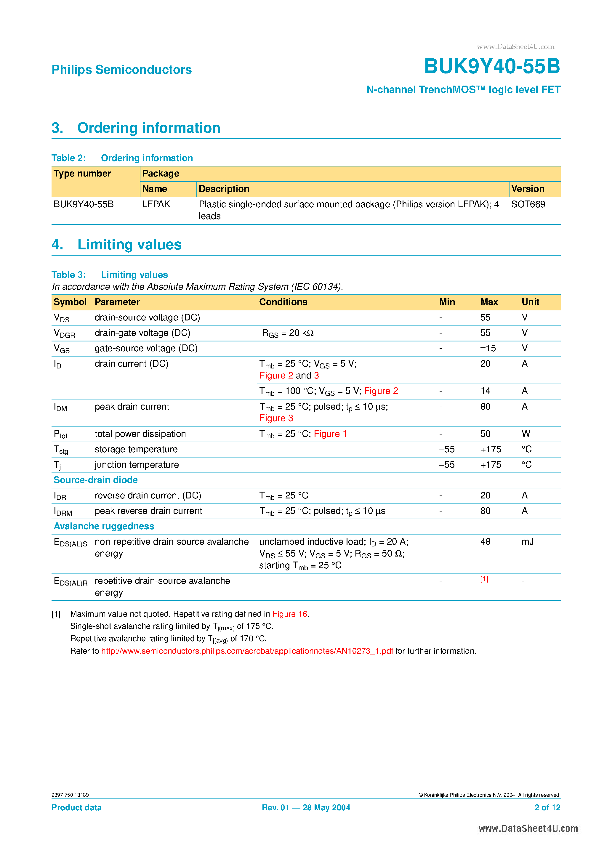 Datasheet BUK9Y40-55B - N-channel TrenchMOS logic level FET page 2