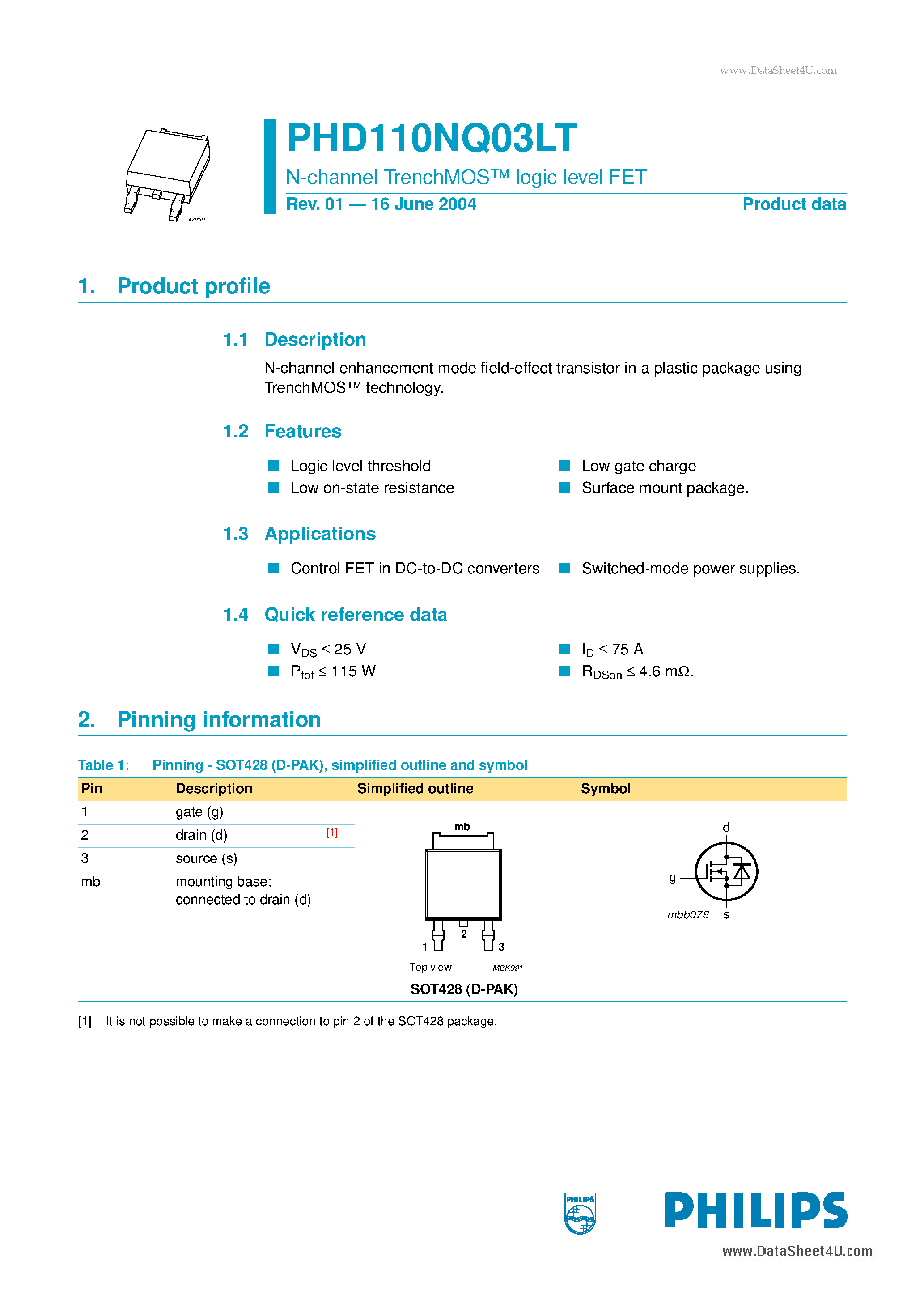 Datasheet PHD110NQ03LT - N-channel TrenchMOS logic level FET page 1