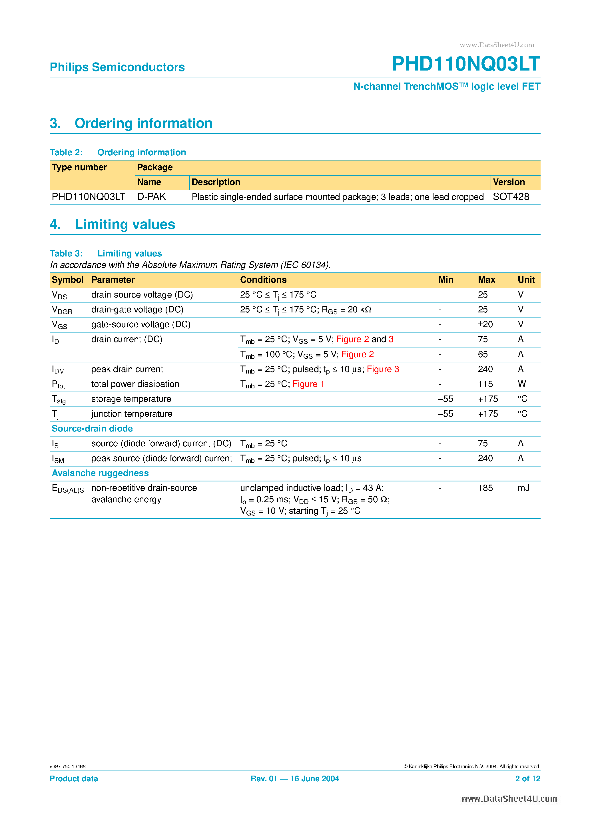 Datasheet PHD110NQ03LT - N-channel TrenchMOS logic level FET page 2