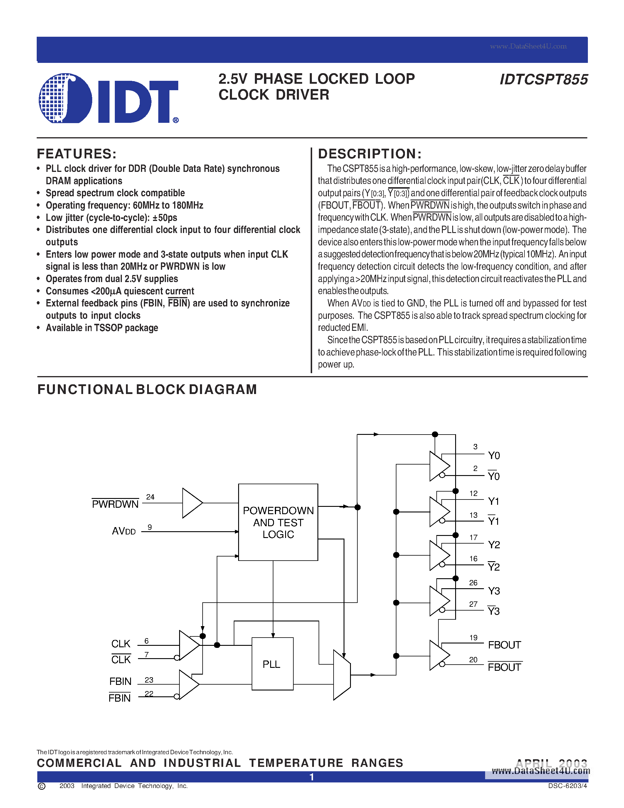 Datasheet IDTCSPT855 - 2.5V PHASE LOCKED LOOP CLOCK DRIVER page 1