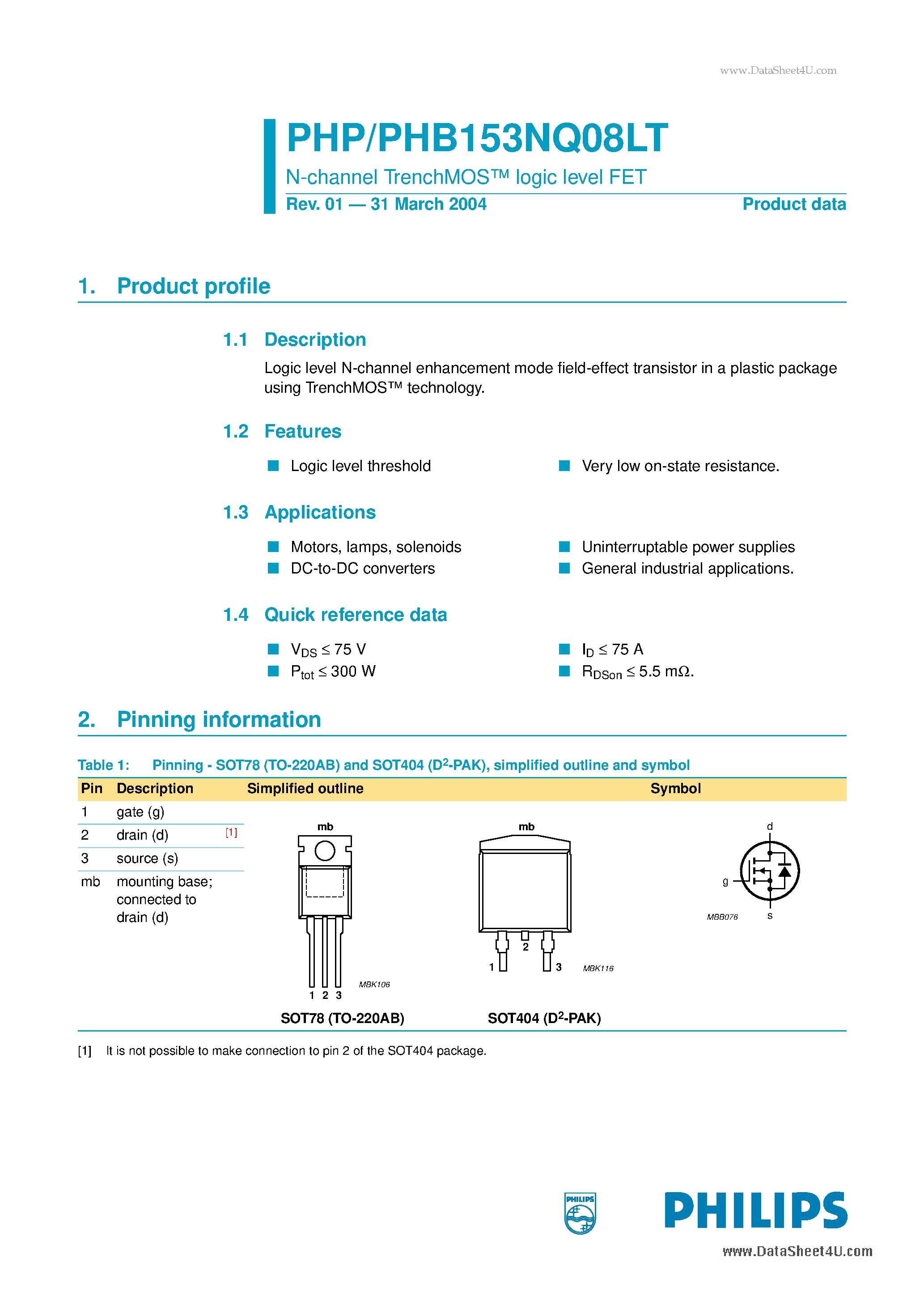Datasheet PHB153NQ08LT - N-channel TrenchMOS logic level FET page 1