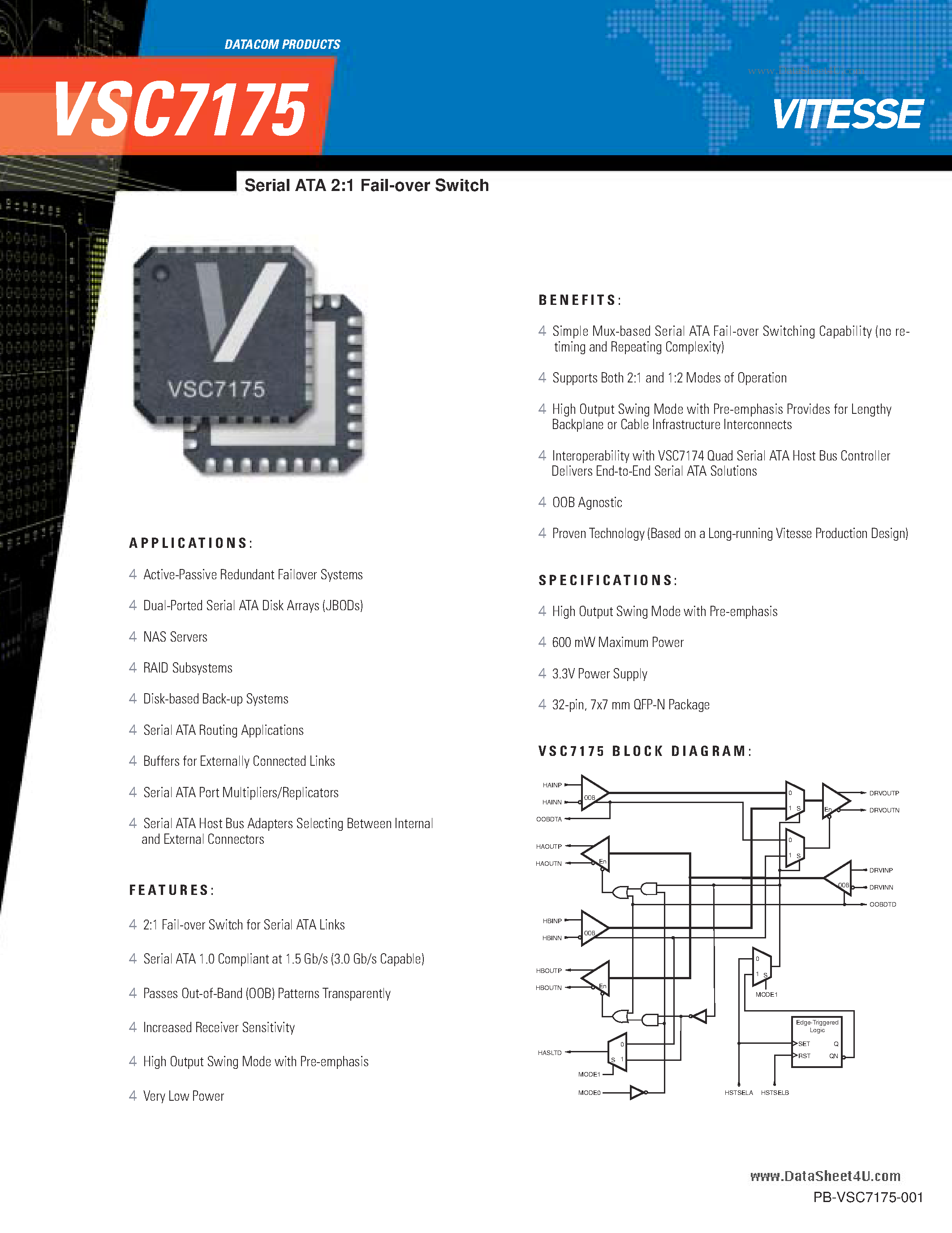Datasheet VSC7175 - Serial ATA 2:1 Fail-over Switch page 1