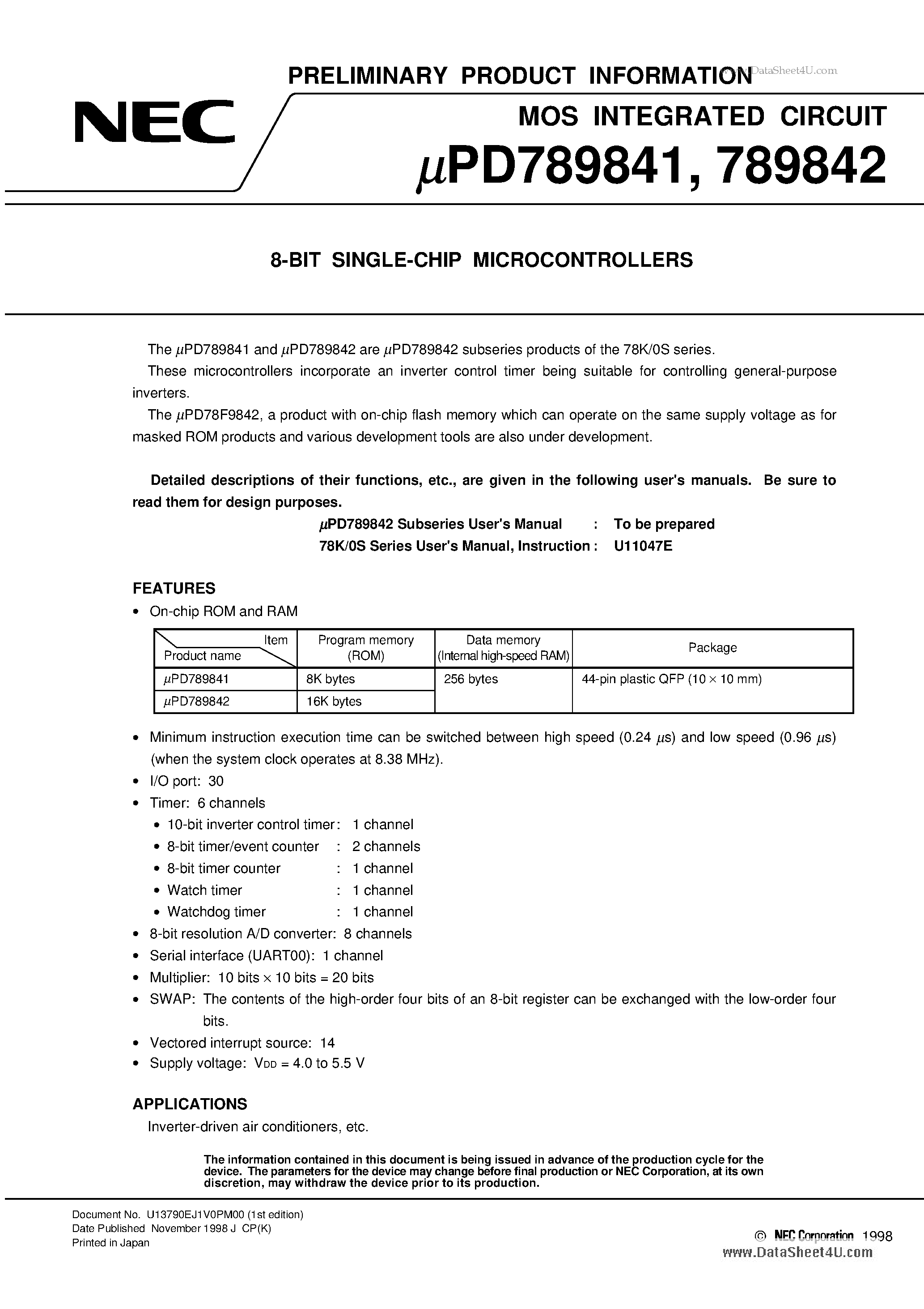 Даташит uPD789841 - 8-BIT Single-chip MICROCONTROLLERS страница 1