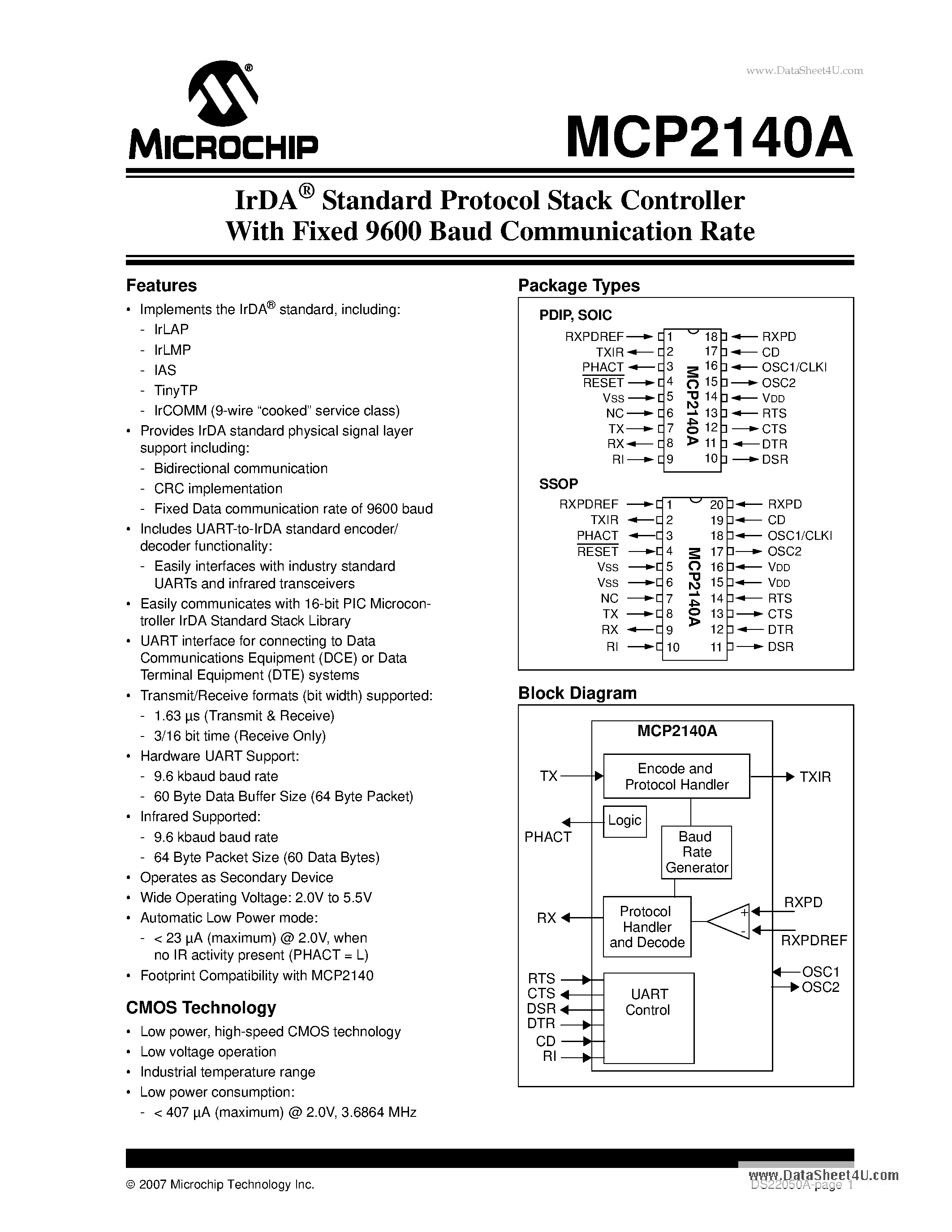 Datasheet MCP2140A page 1 Datasheet MCP2140A - Standard Protocol Stack Controller page 1