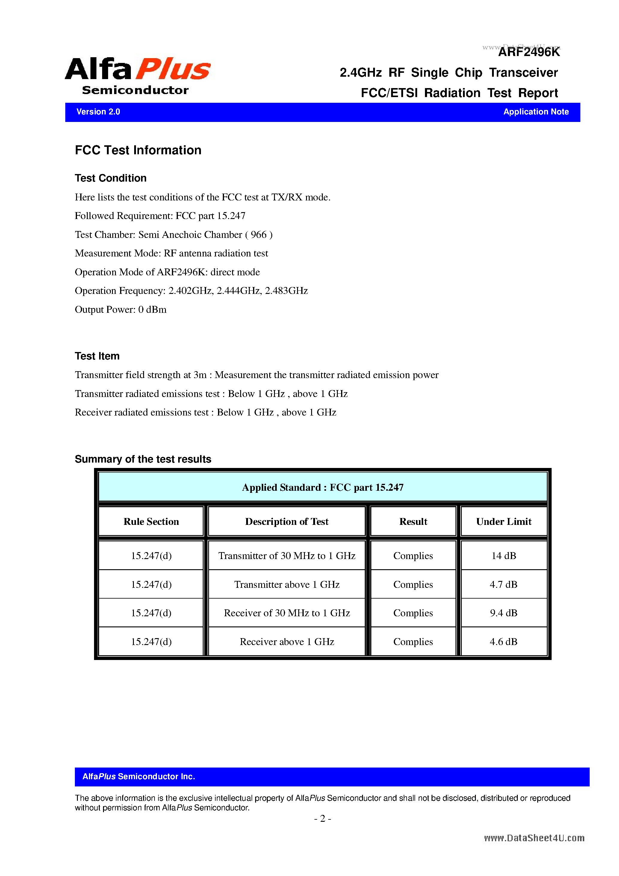 Даташит на микросхему ARF2496K страница 2 Даташит ARF2496K - 2.4GHz RF Single Chip Transceiver FCC/ETSI Radiation Test Report страница 2
