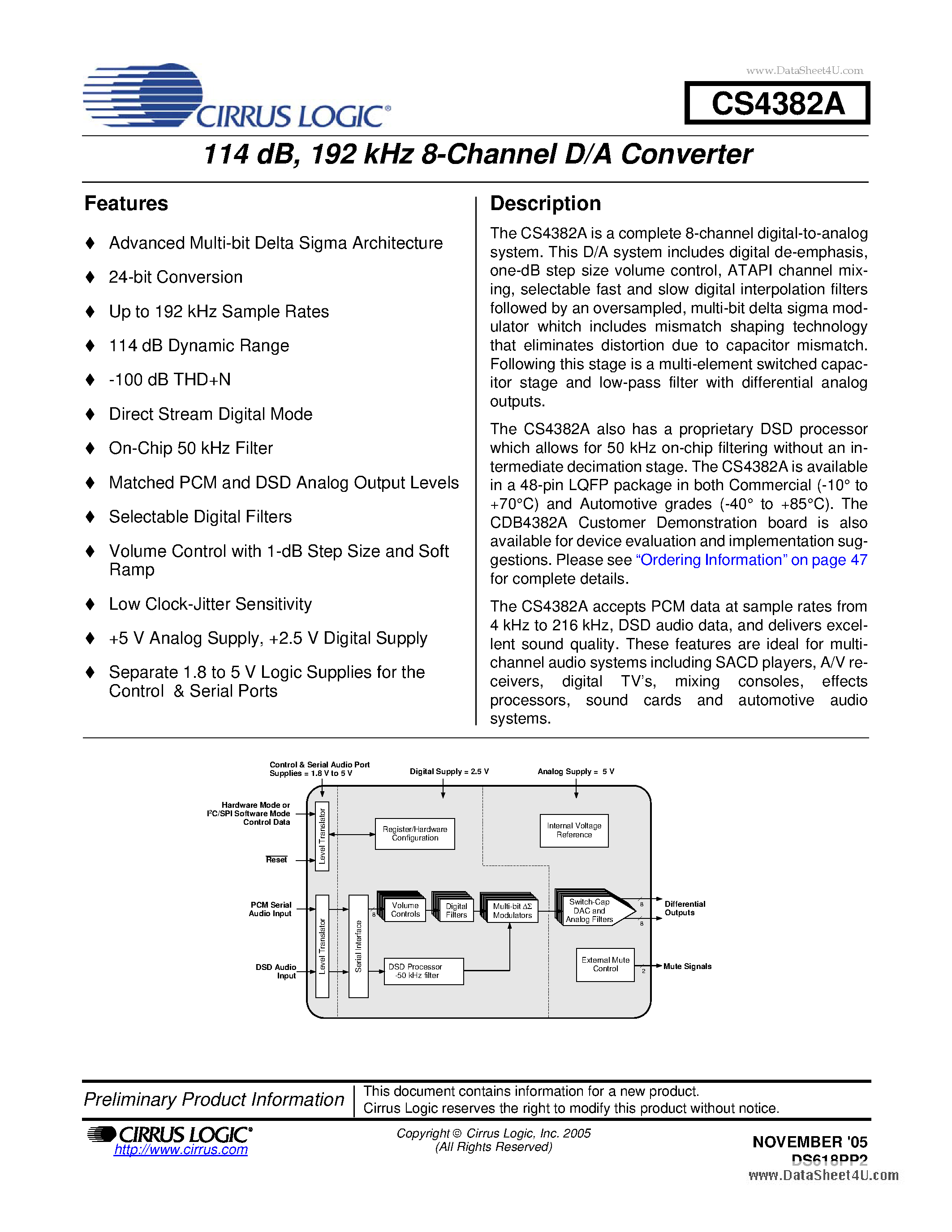 Datasheet CDB4382A page 1 Datasheet CDB4382A - 192 kHz 8-Channel D/A Converter page 1