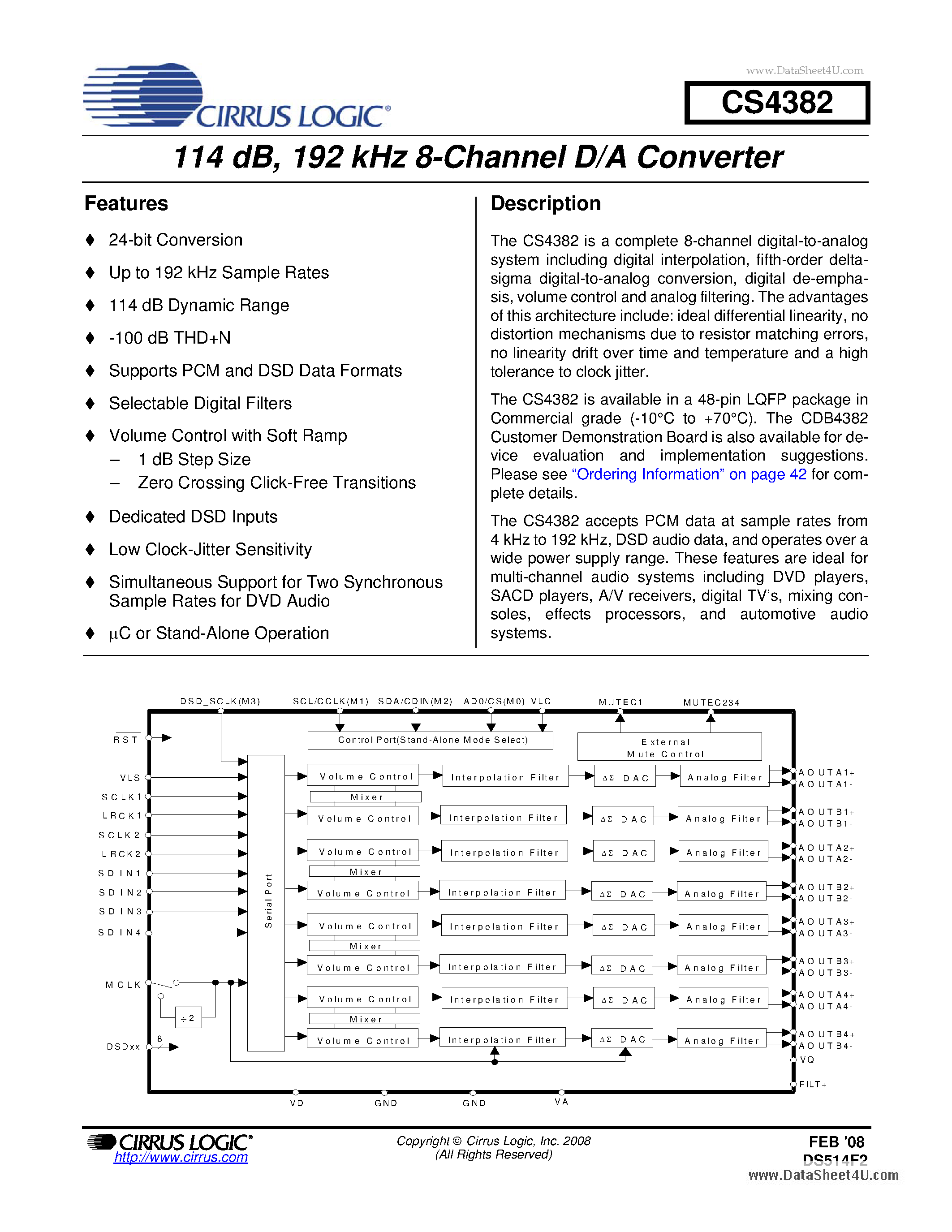 Datasheet CDB4382 - 192 kHz 8-Channel D/A Converter page 1