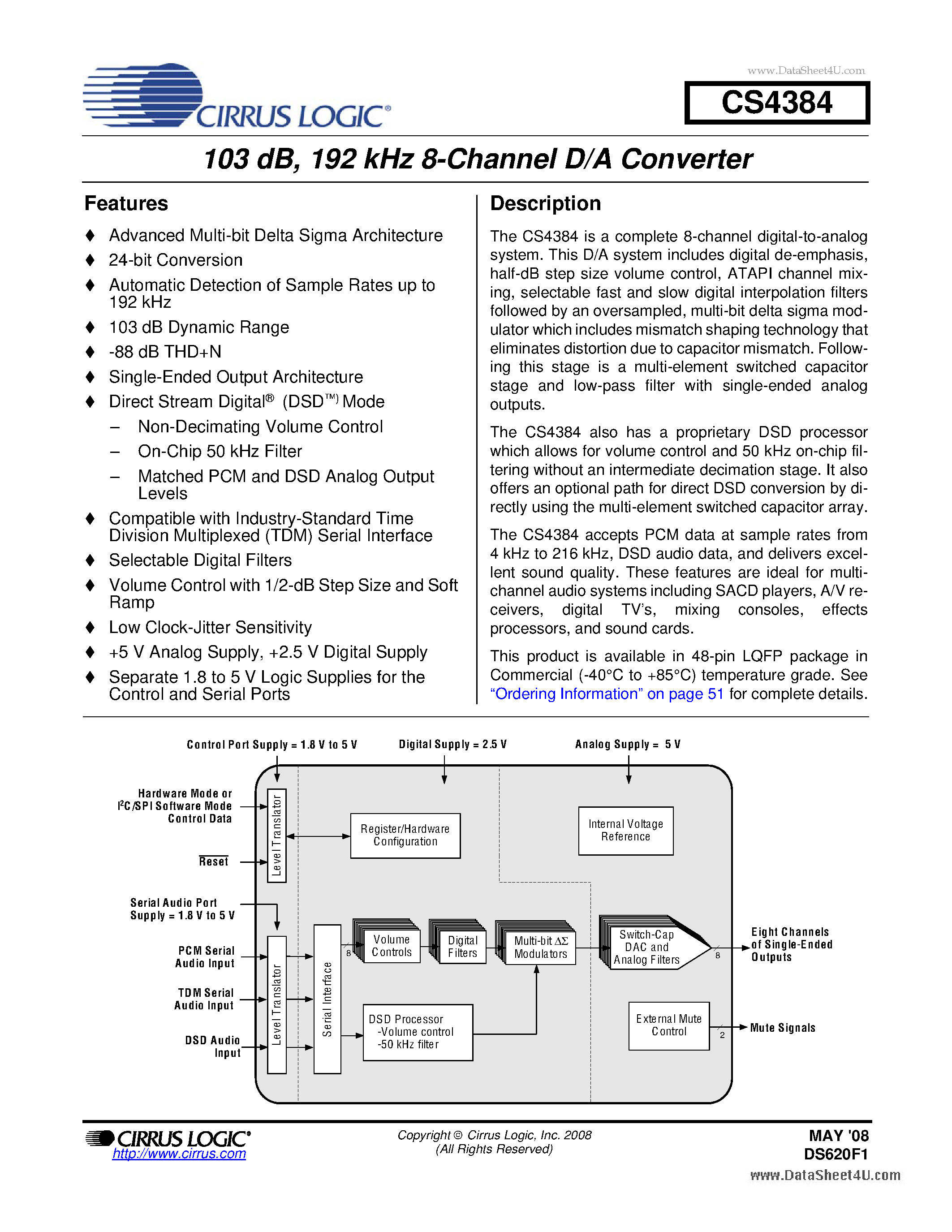 Datasheet CDB4384 page 1 Datasheet CDB4384 - 192 kHz 8-Channel D/A Converter page 1