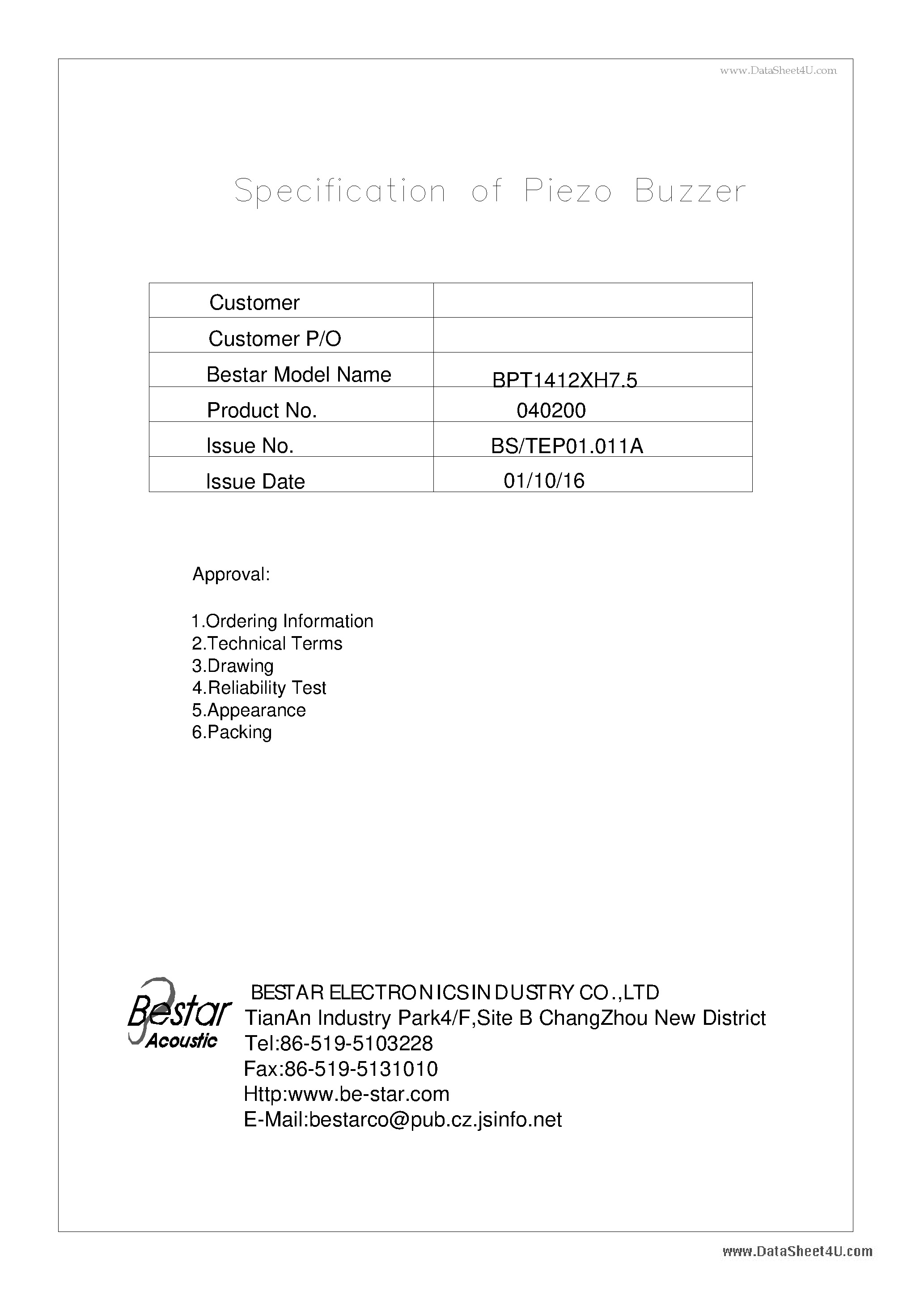Datasheet BPT1412XH7.5 page 1 Datasheet BPT1412XH7.5 - Piezo Buzzer page 1