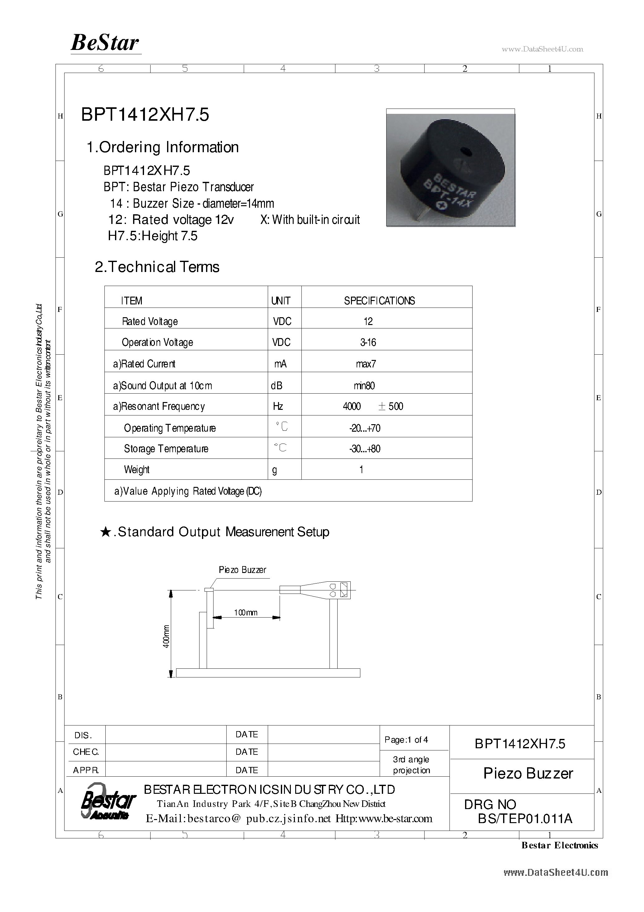 Datasheet BPT1412XH7.5 page 2 Datasheet BPT1412XH7.5 - Piezo Buzzer page 2