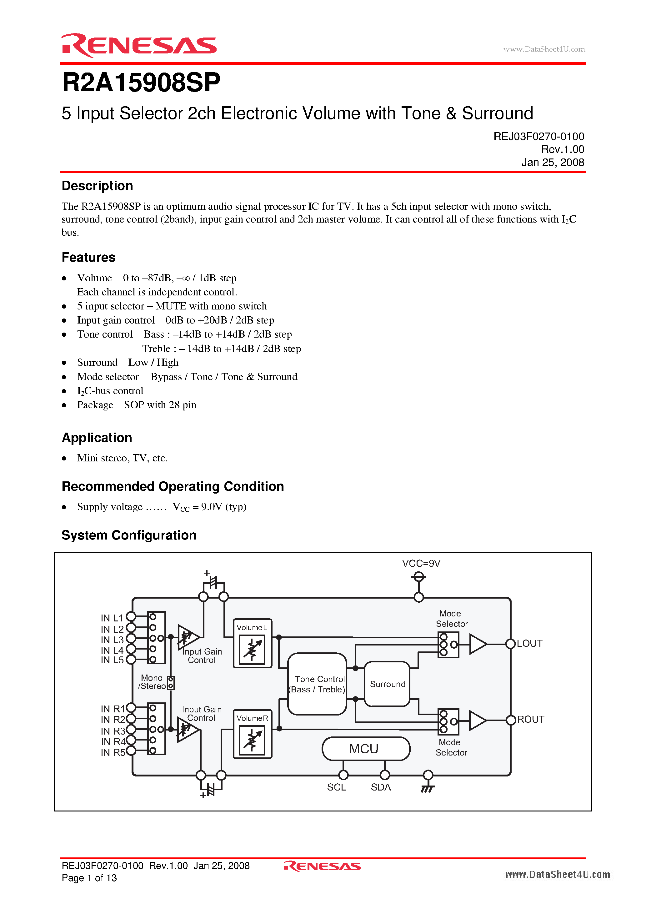 Datasheet R2A15908SP - 5 Input Selector 2ch Electronic Volume page 1
