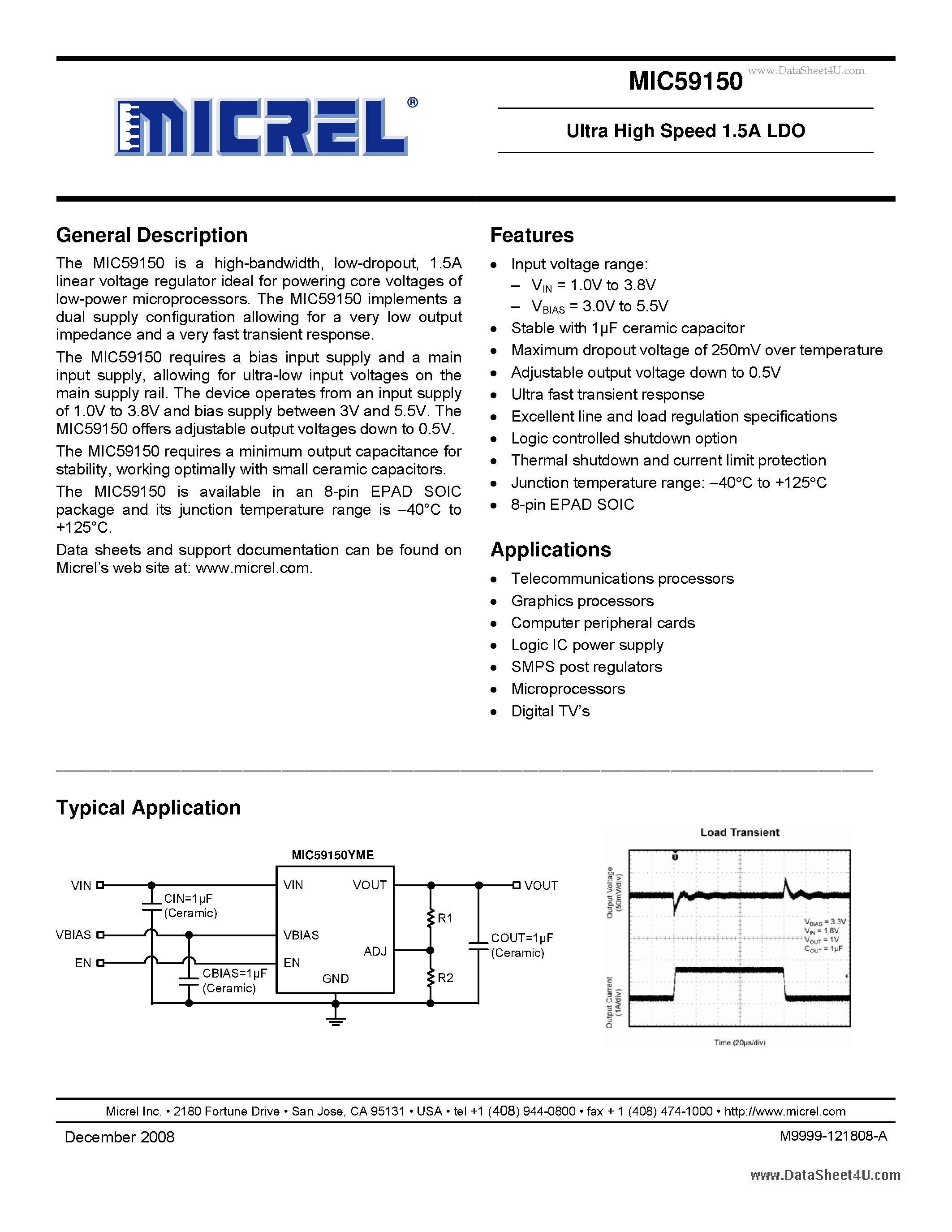 Datasheet MIC59150 - Ultra High Speed 1.5A LDO page 1