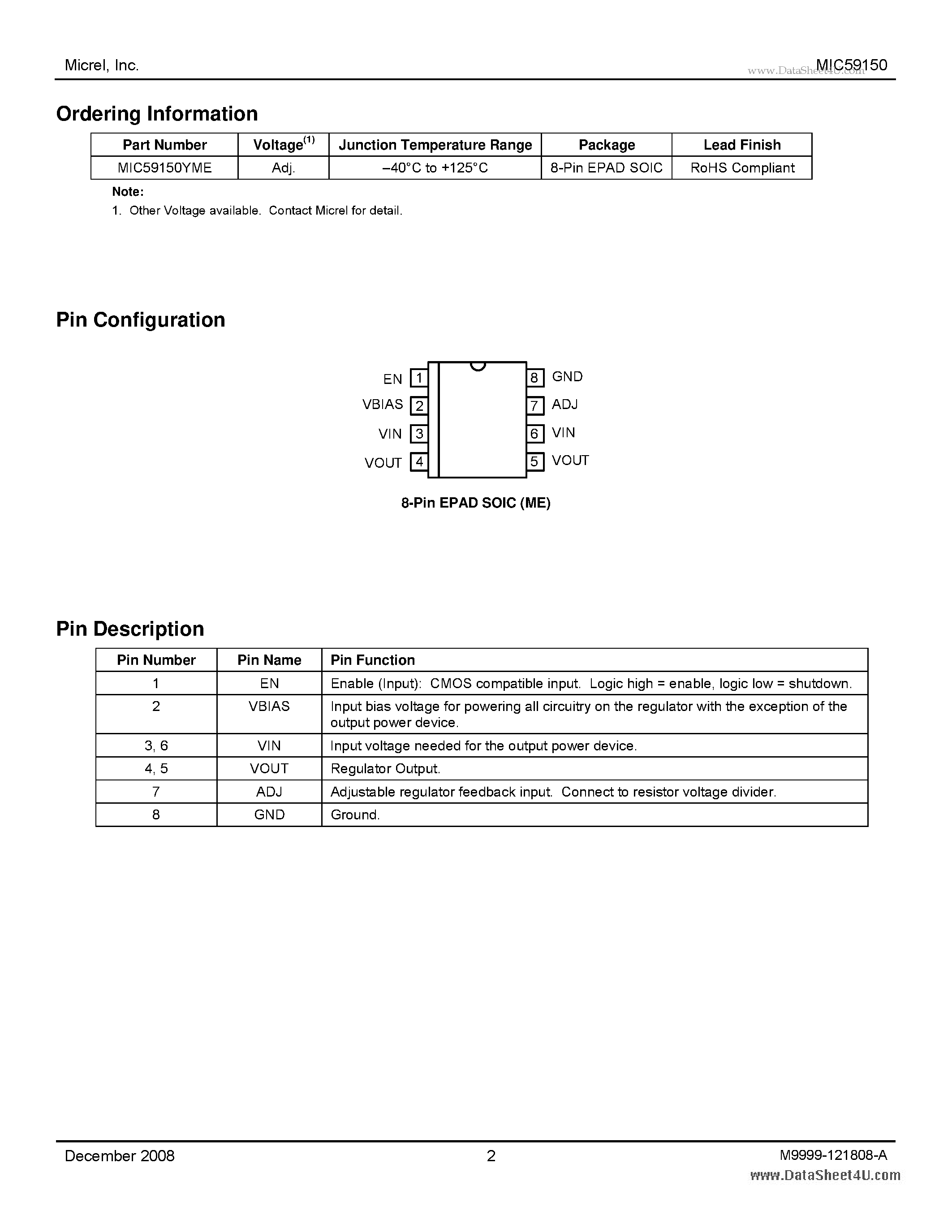 Datasheet MIC59150 - Ultra High Speed 1.5A LDO page 2