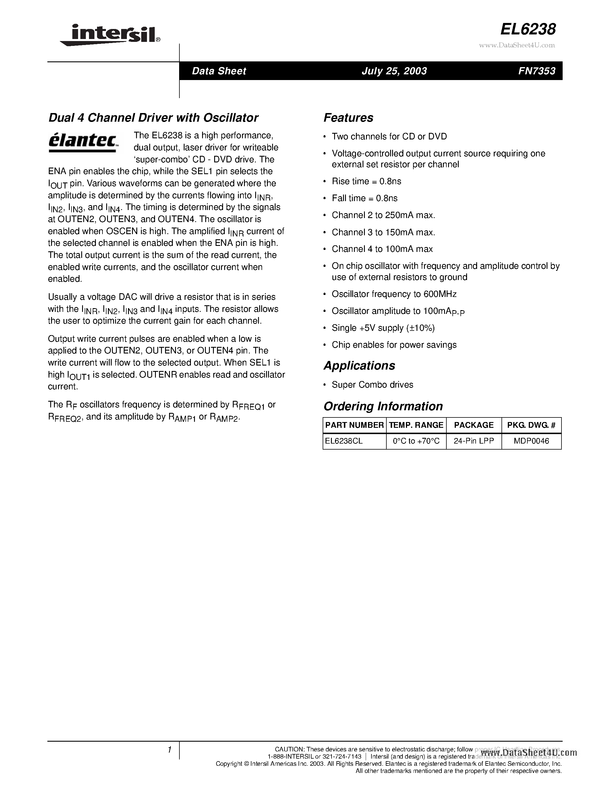 Даташит EL6238 - Dual 4 Channel Driver страница 1