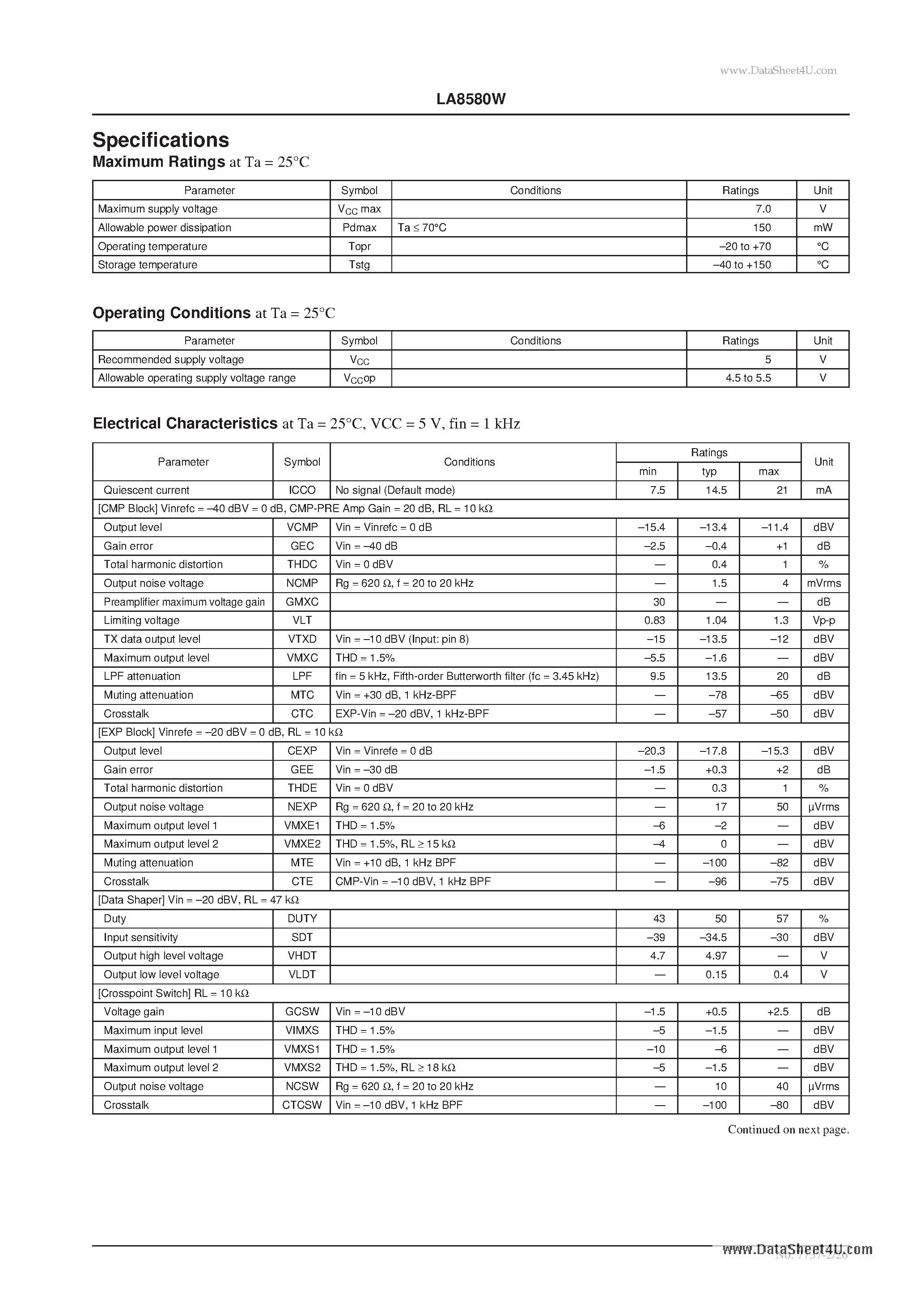 Datasheet LA8580W - Compander + I/O Switching Telephone Audio Signal-Processing IC page 2