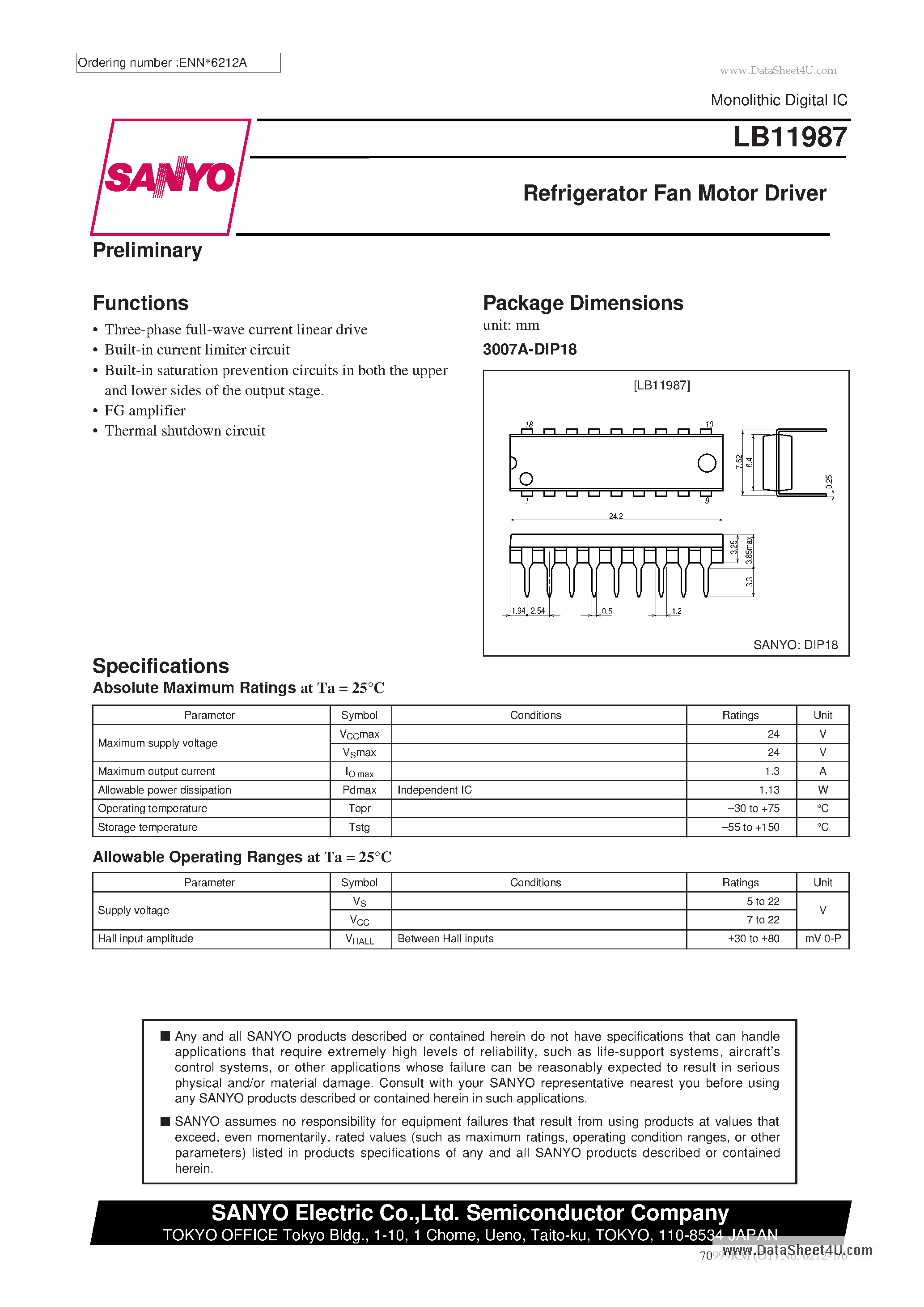 Datasheet LB11987 page 1 Datasheet LB11987 - Refrigerator Fan Motor Driver page 1