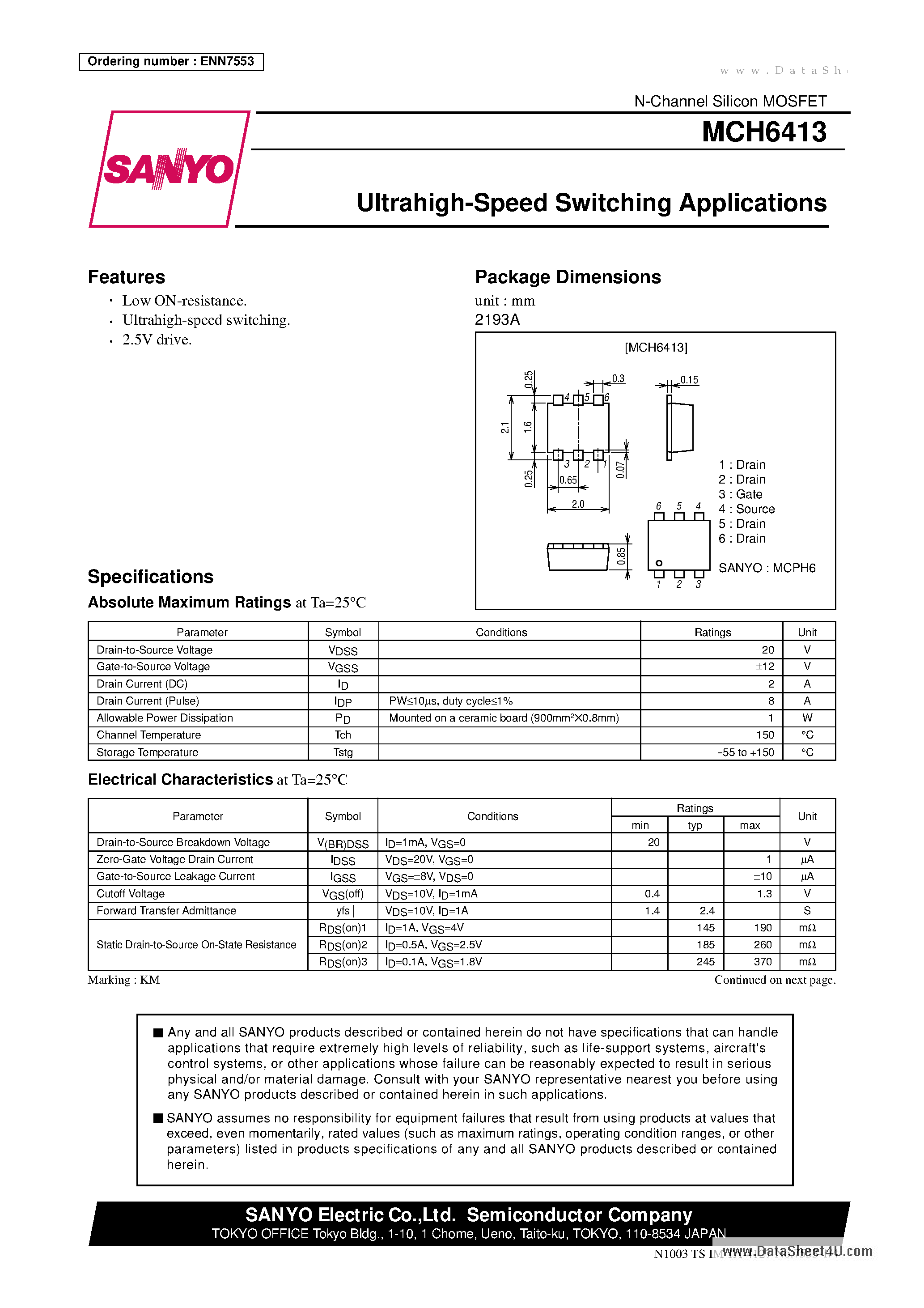 Datasheet MCH6413 page 1 Datasheet MCH6413 - Ultrahigh-Speed Switching Applications page 1