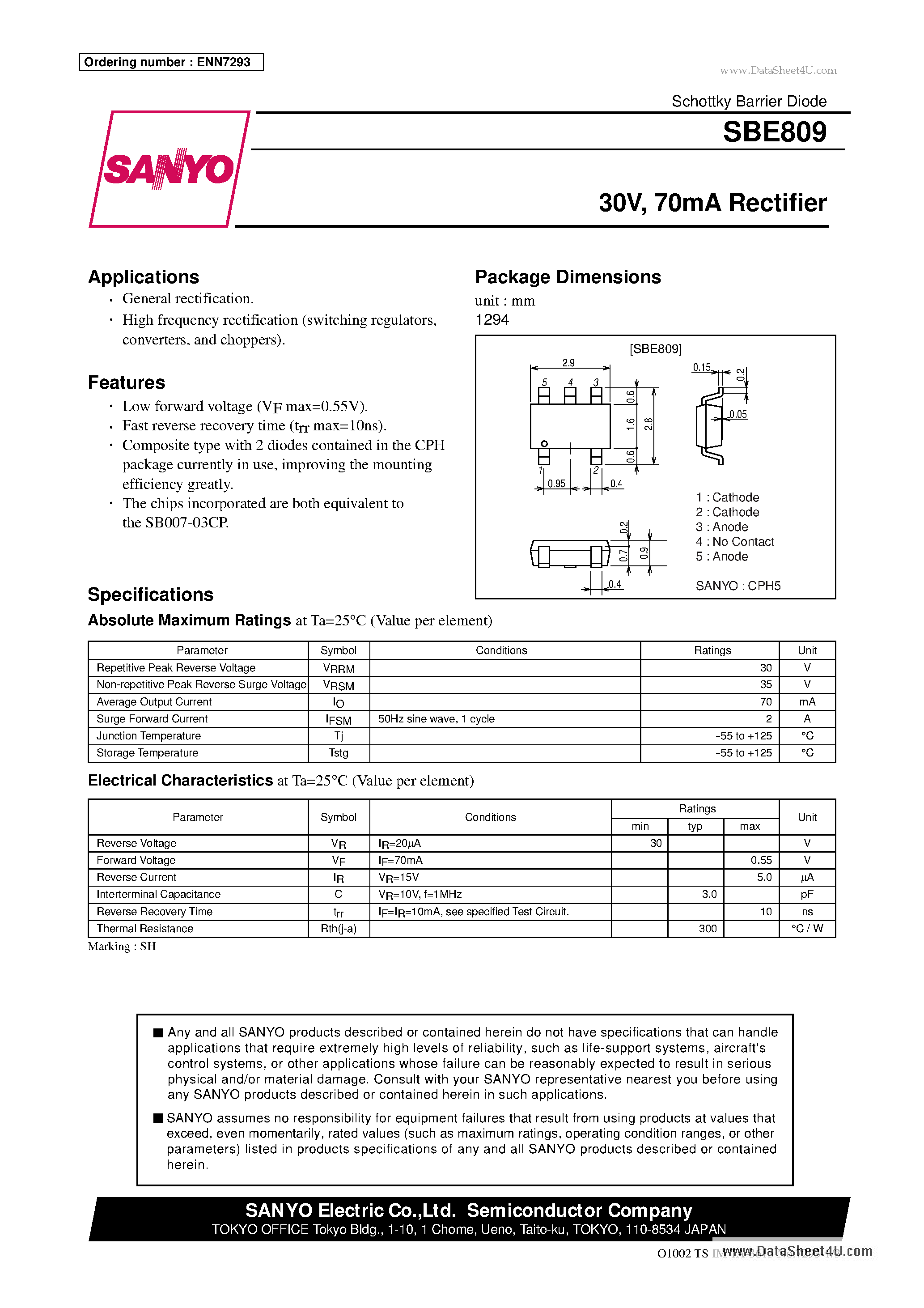 Datasheet SBE809 page 1 Datasheet SBE809 - 30V 70mA Rectifier page 1
