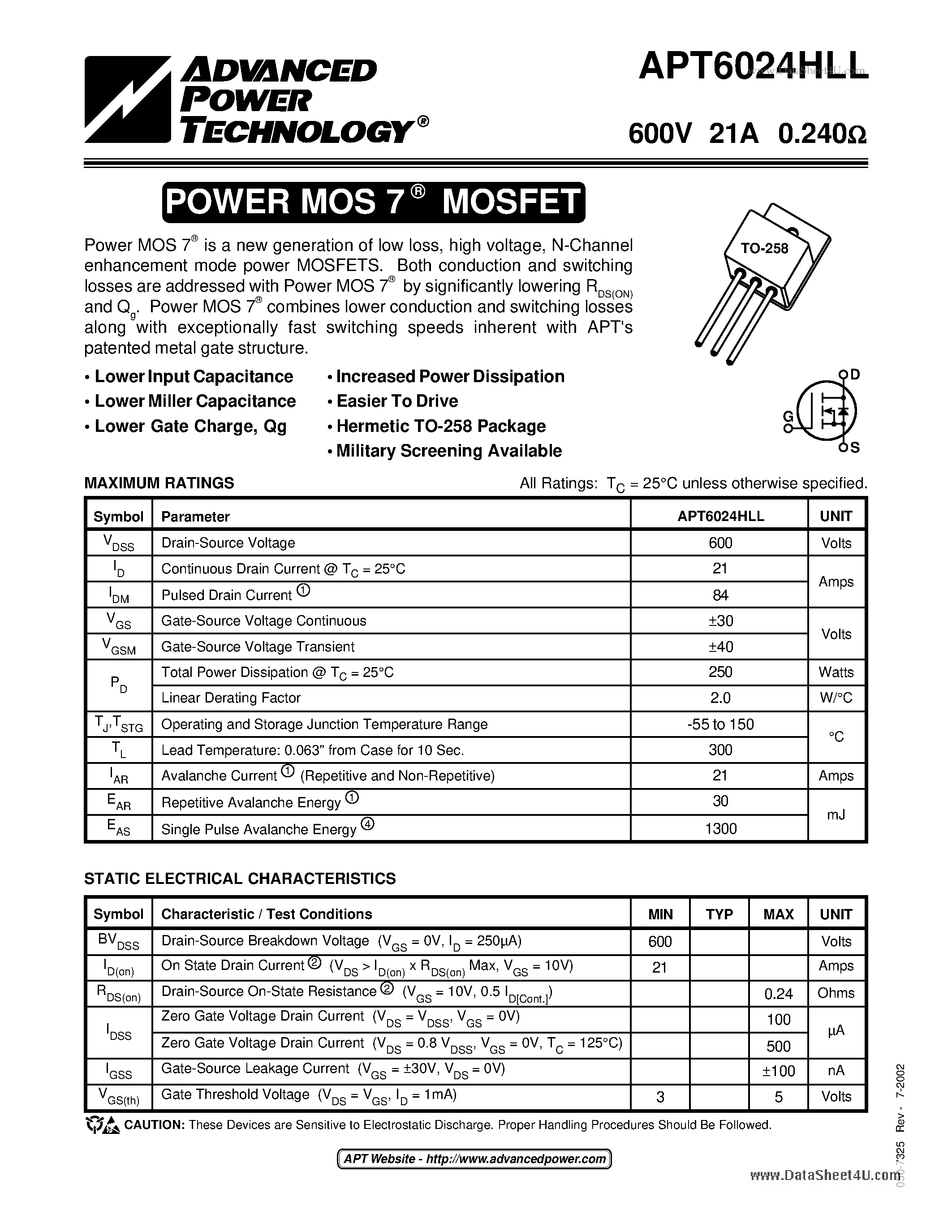 Datasheet APT6024HLL - POWER MOS 7 MOSFET page 1
