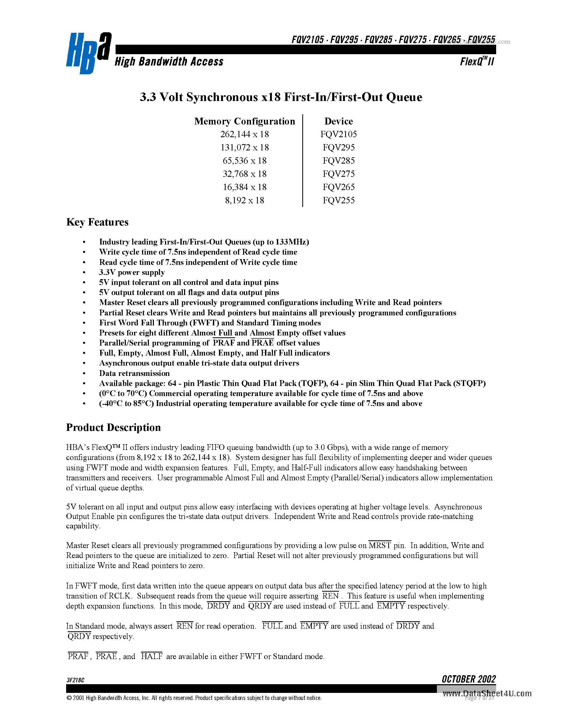 Datasheet FQV255 - 3.3 Volt Synchronous x18 First-In/First-Out Queue page 1