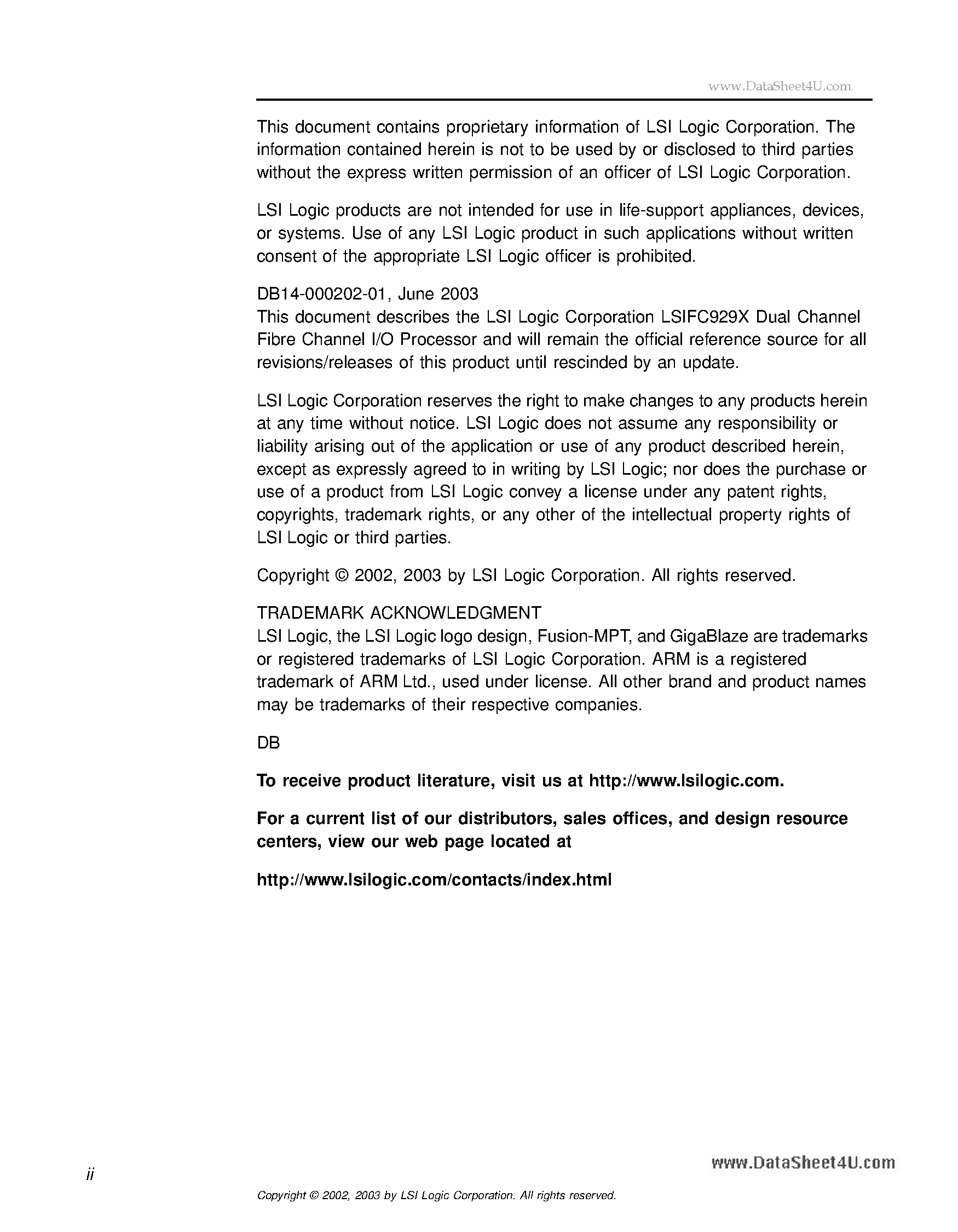 Datasheet LSIFC929X - Dual Channel Fibre Channel I/O Processor page 2