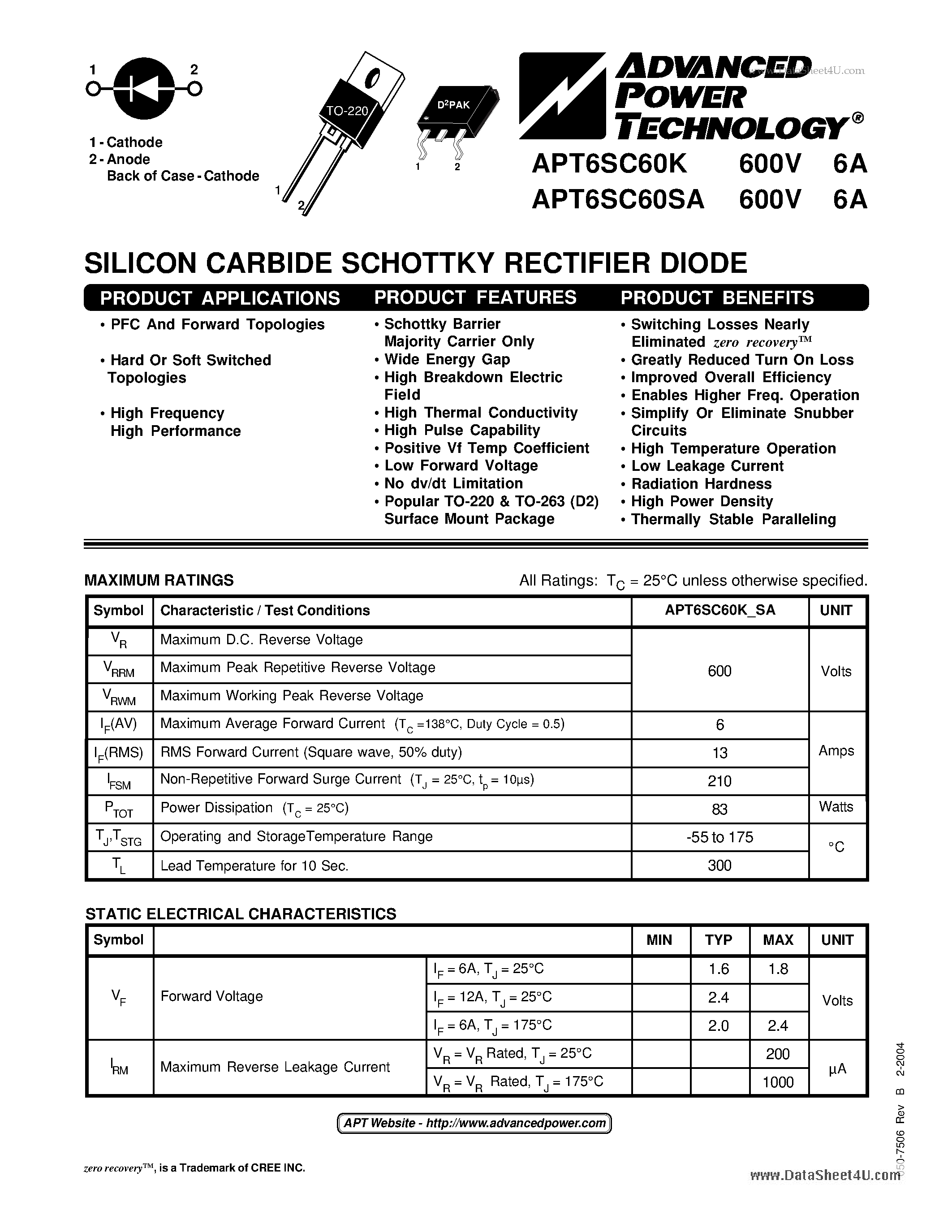 Datasheet APT6SC60K page 1 Datasheet APT6SC60K - SILICON CARBIDE SCHOTTKY RECTIFIER DIODE page 1