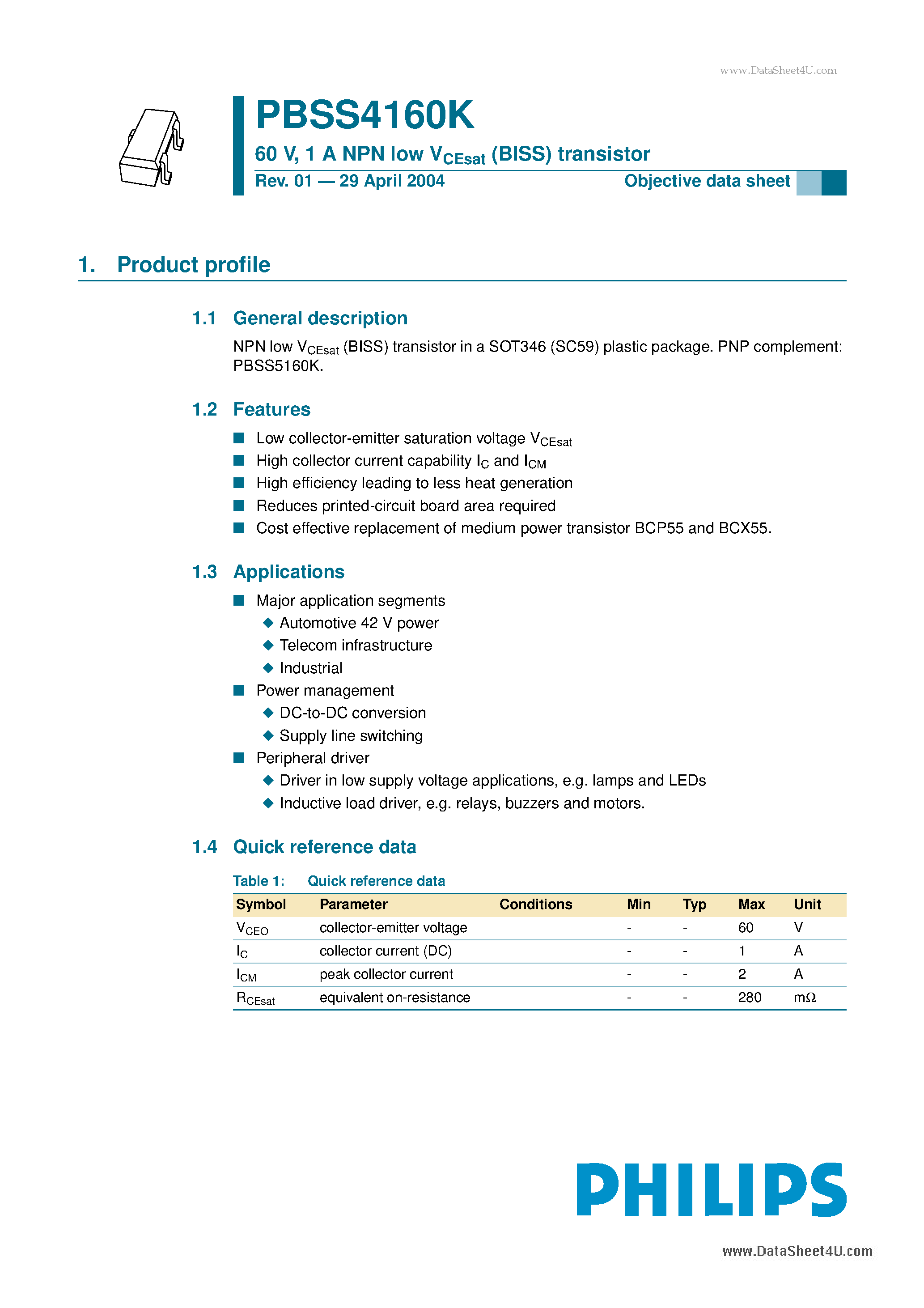 Datasheet PBSS4160K - 1 A NPN low VCEsat (BISS) transistor page 1
