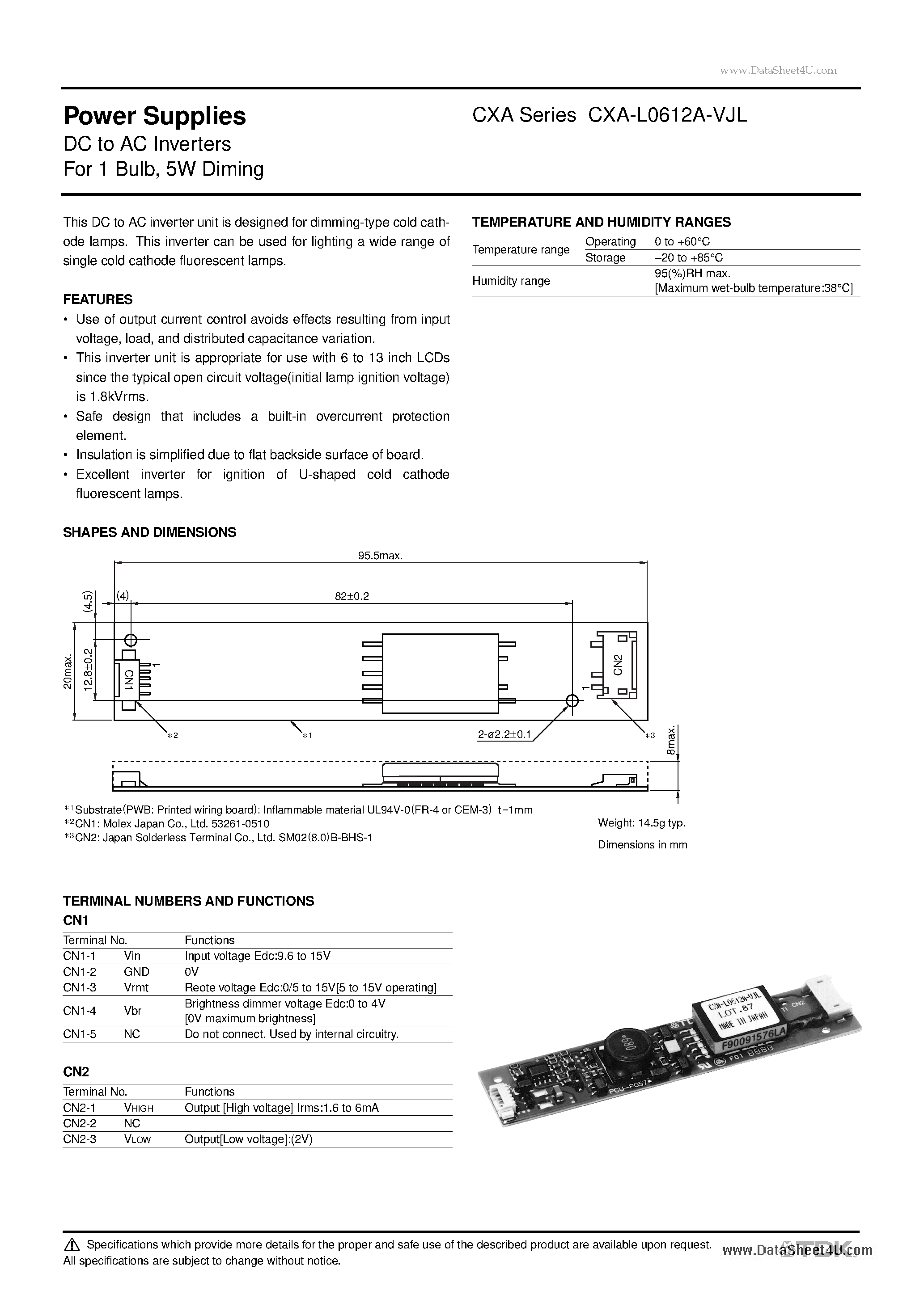 Datasheet CXA-L0612A-VJL page 1 Datasheet CXA-L0612A-VJL - Power Supplies DC to AC Inverters page 1