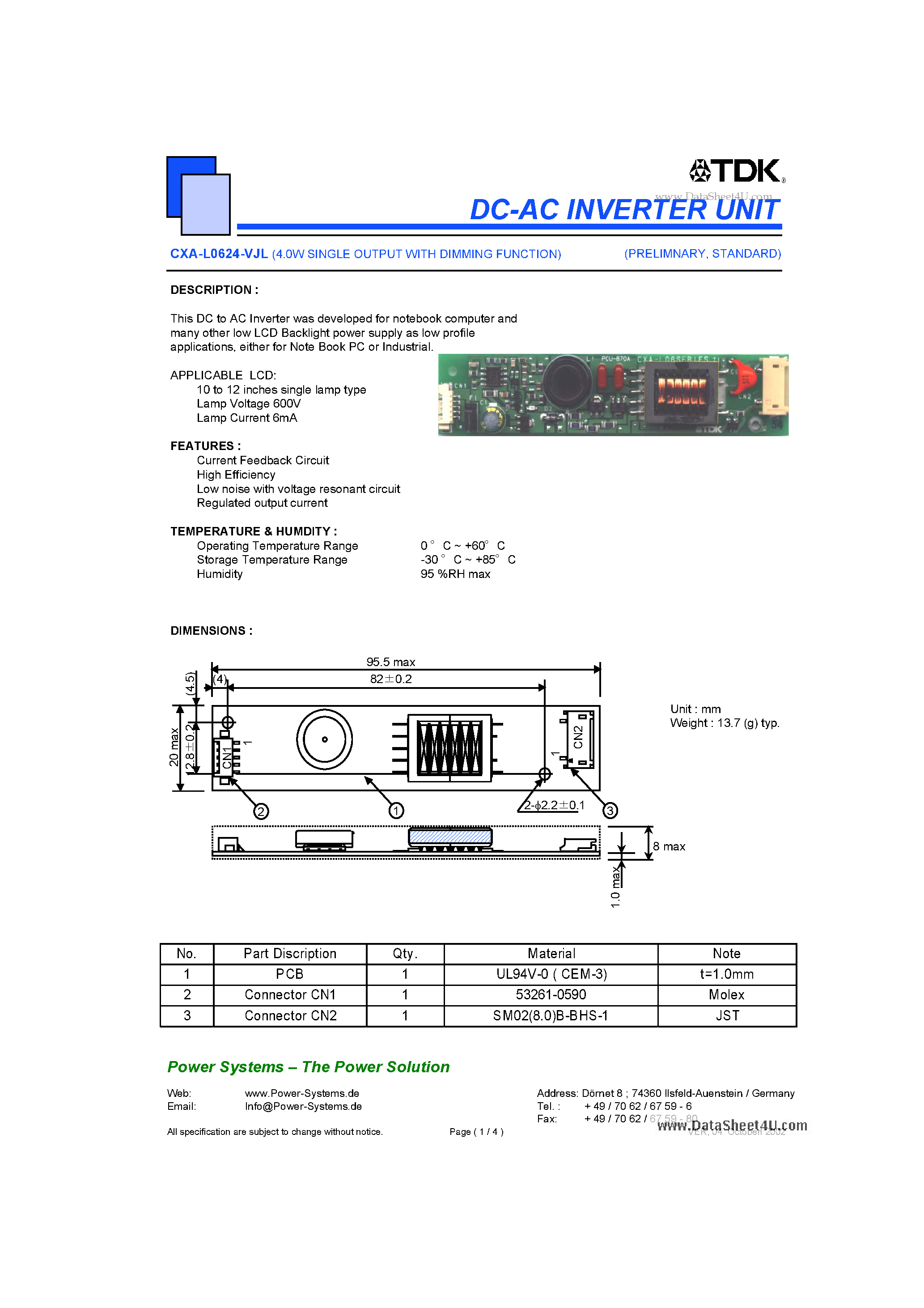 Datasheet CXA-L0624-VJL page 1 Datasheet CXA-L0624-VJL - DC-AC INVERTER Unit page 1