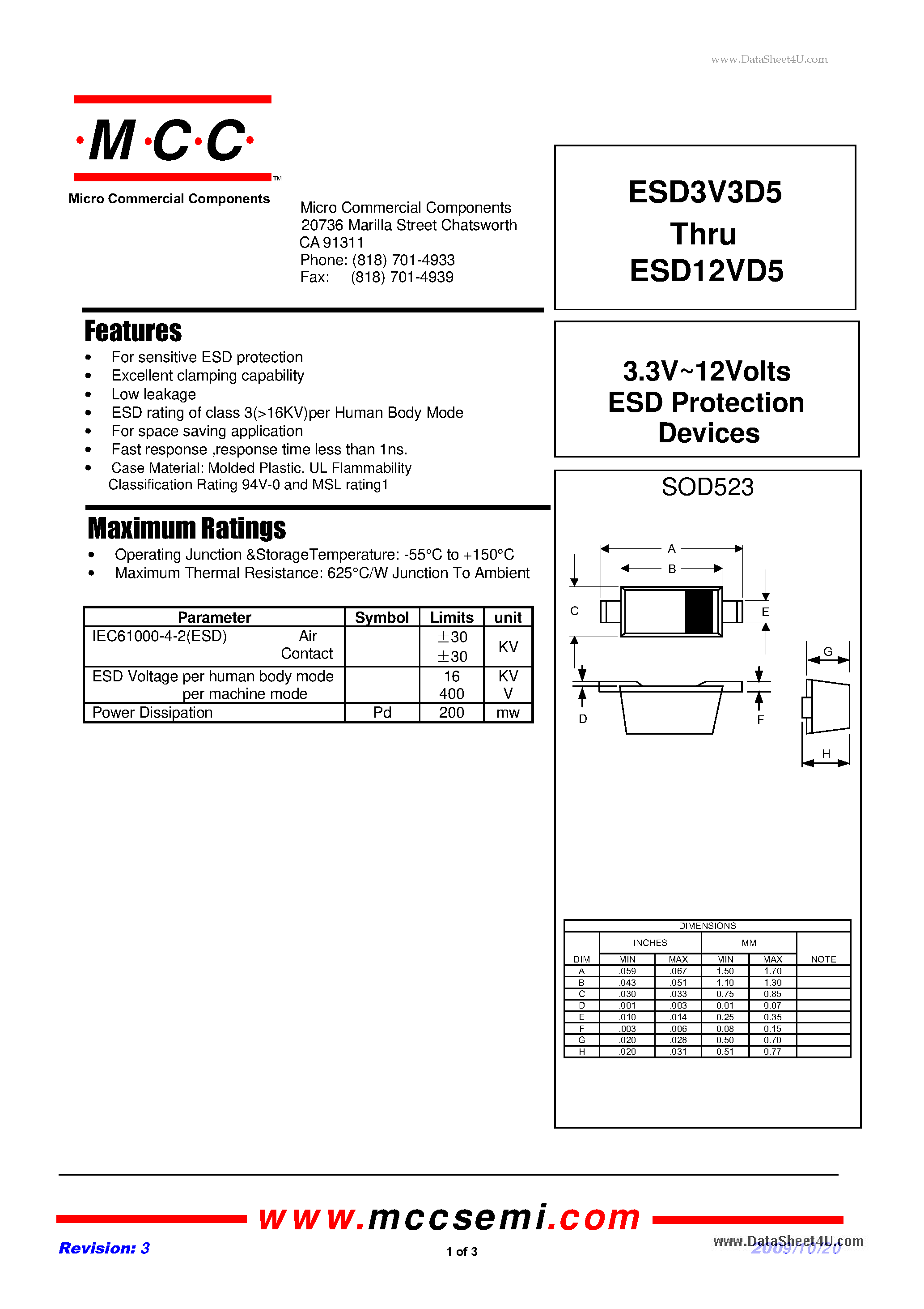 Даташит на микросхему ESD12VD5 страница 1 Даташит ESD12VD5 - (ESD3VD5 - ESD12VD5) 3.3V - 12Volts ESD Protection Devices страница 1