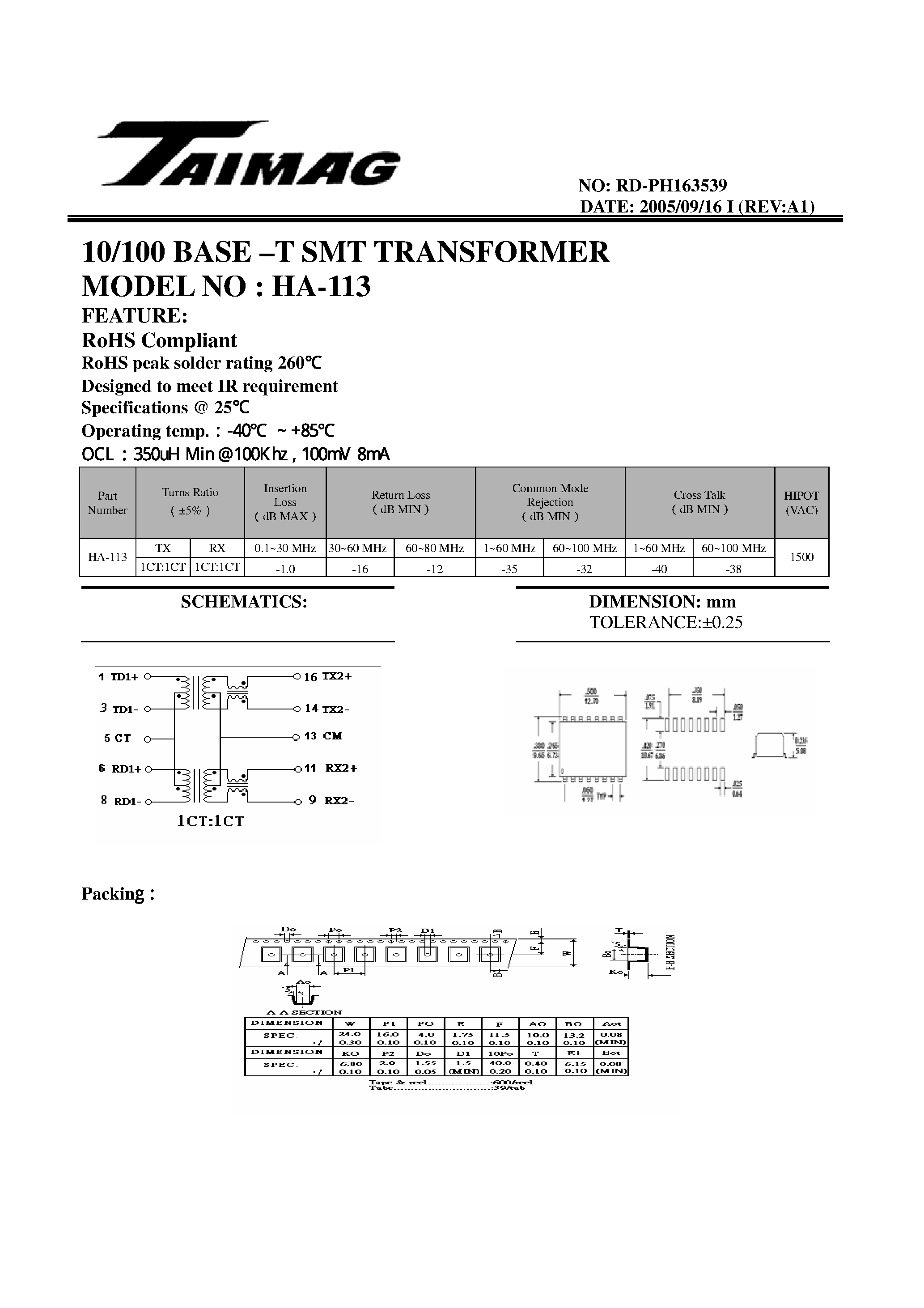 Datasheet PH163539 page 1 Datasheet PH163539 - 10/100 BASE-T SMT TRANSFORMER page 1