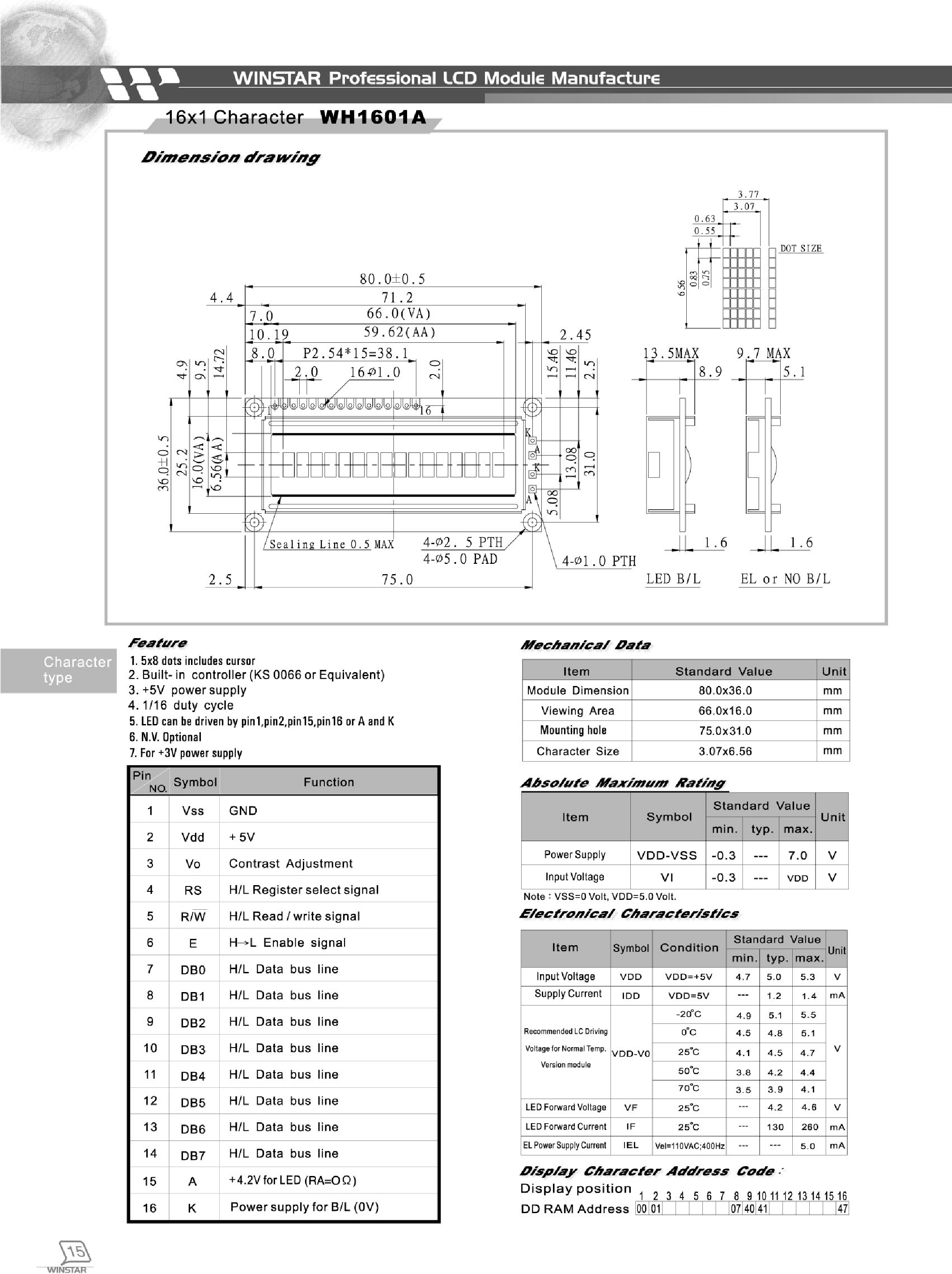 Даташит WH1601A - LCD MODULE страница 1