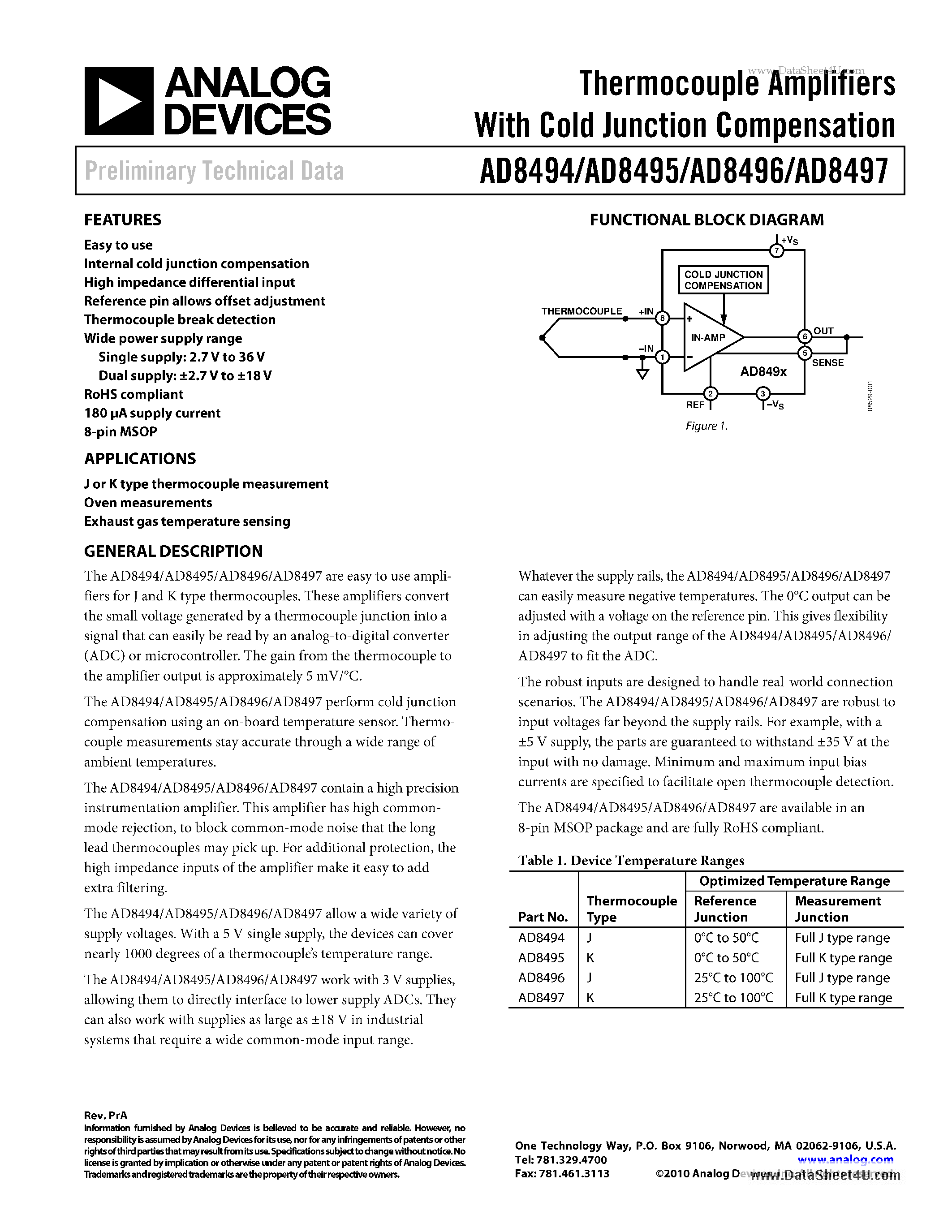 Datasheet AD8494 - Thermocouple Amplifiers page 1