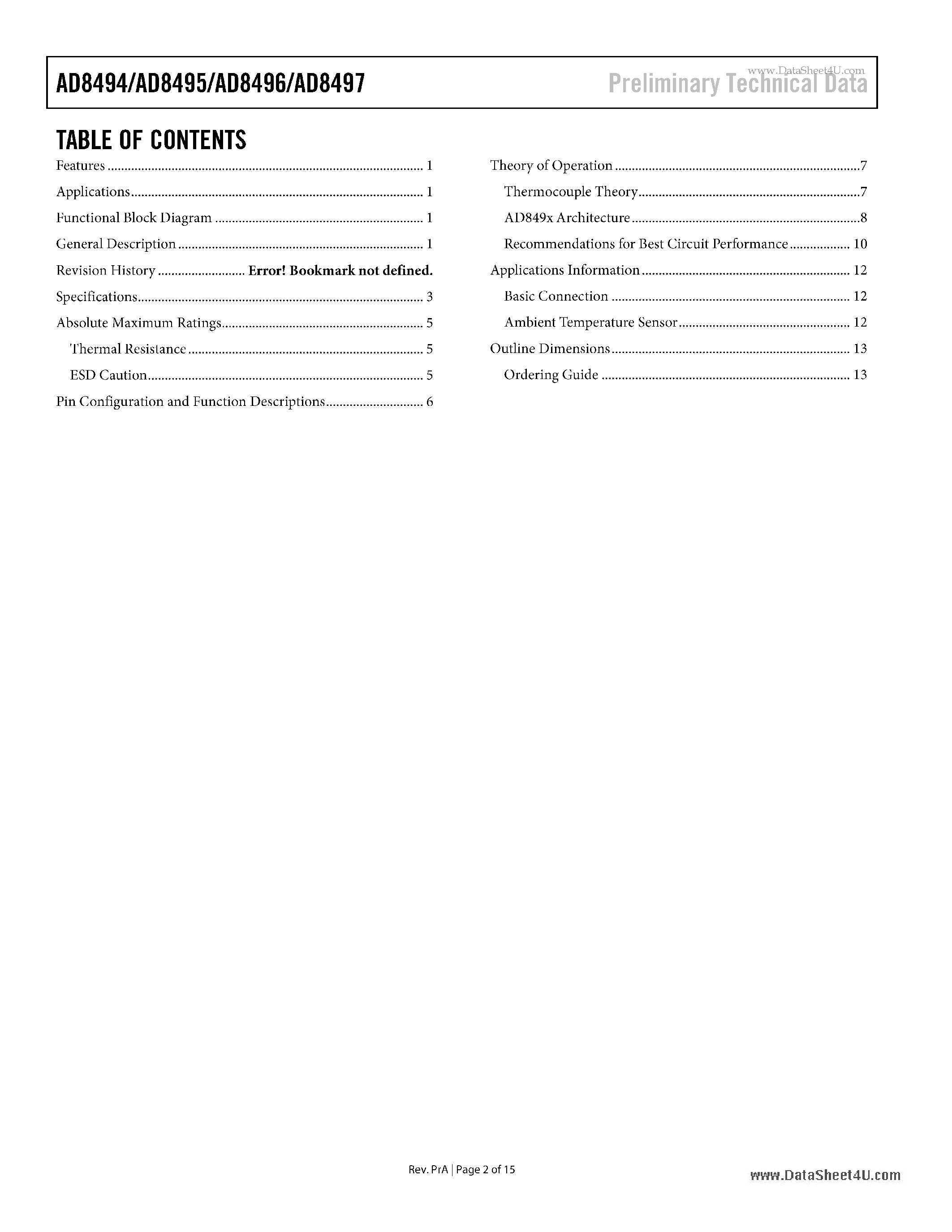 Datasheet AD8494 - Thermocouple Amplifiers page 2