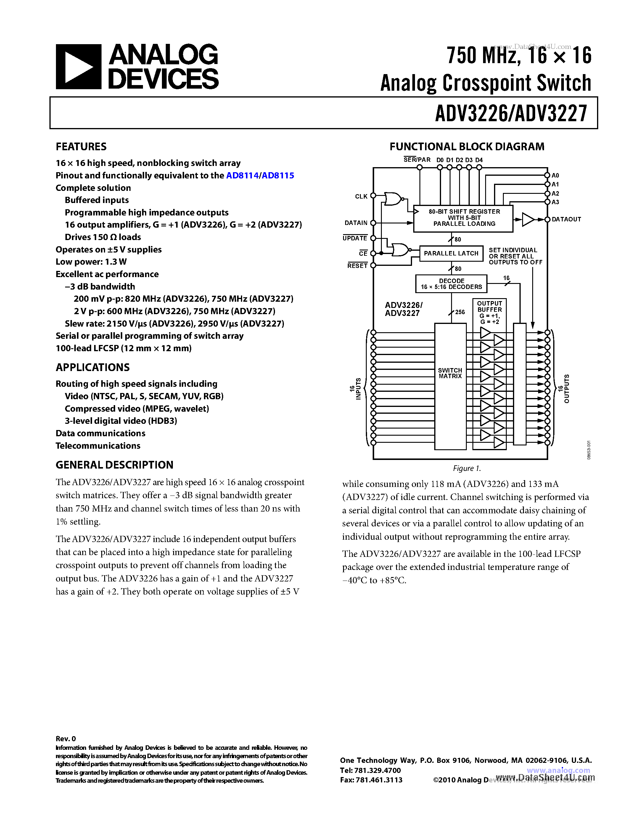 Даташит ADV3226 - 16 x 16 Analog Crosspoint Switch страница 1