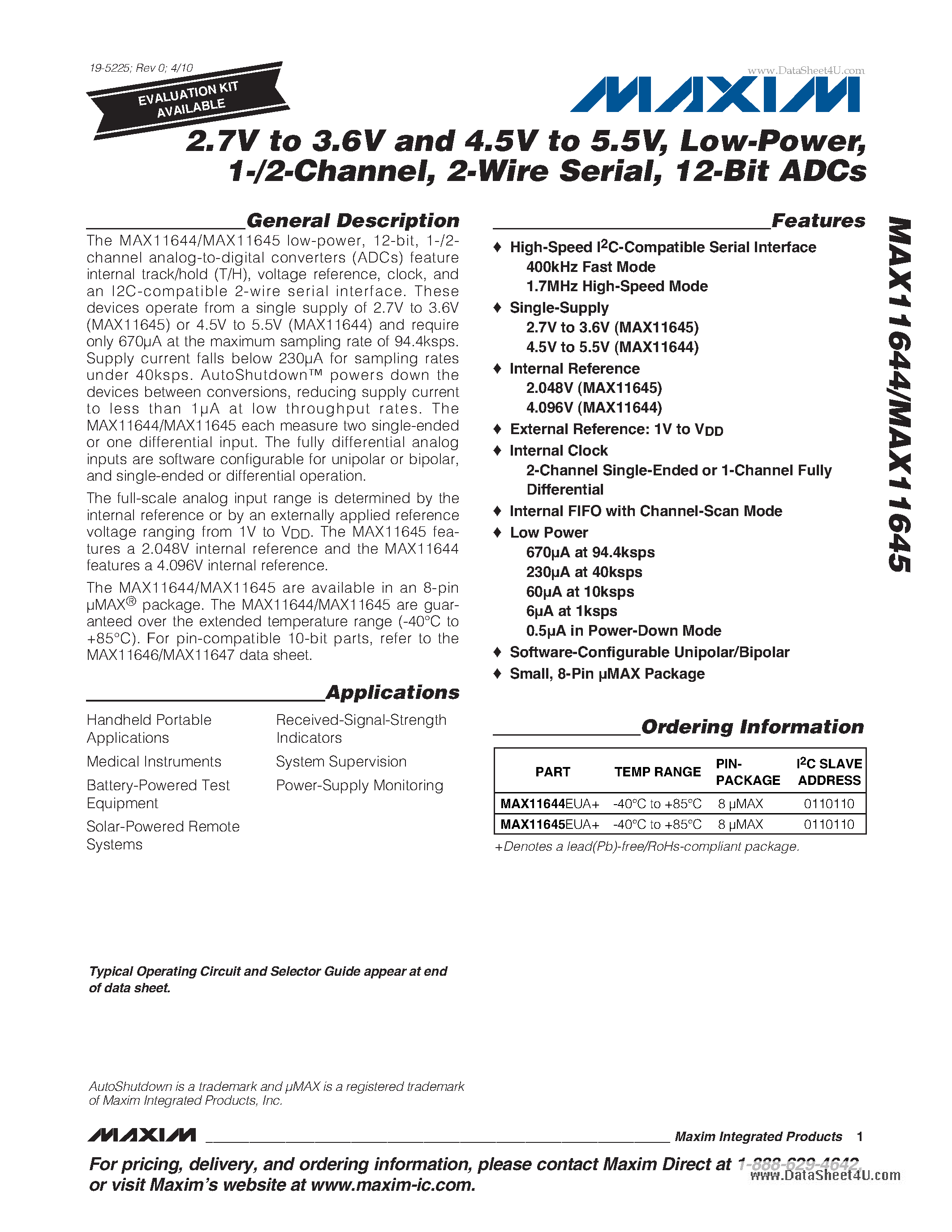 Даташит MAX11644 - 2-Wire Serial 12-Bit ADCs страница 1