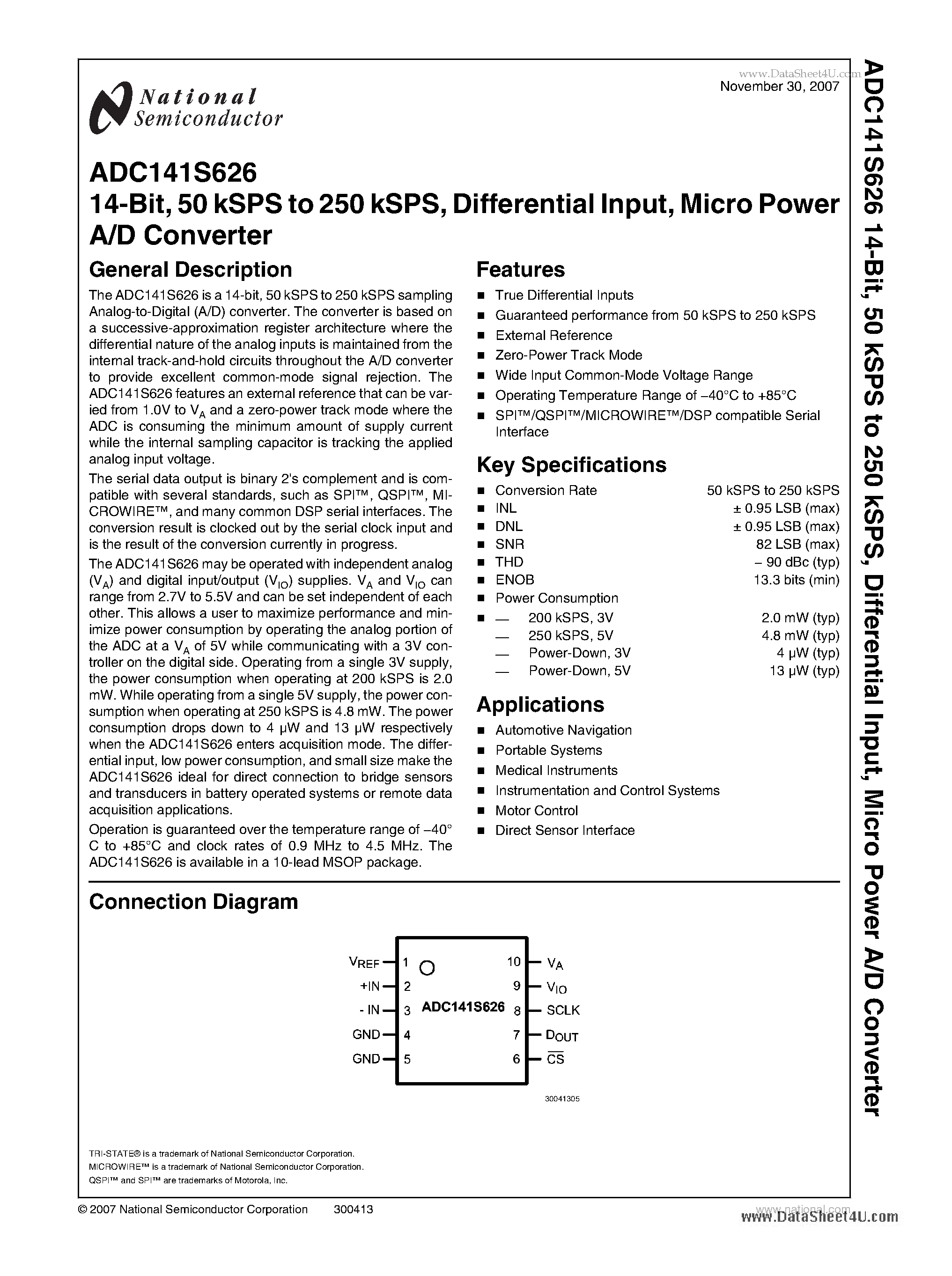 Datasheet ADC141S626 - Micro Power A/D Converter page 1